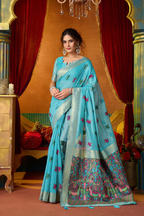 Anisha Saree - Aqua Blue - Front Drape