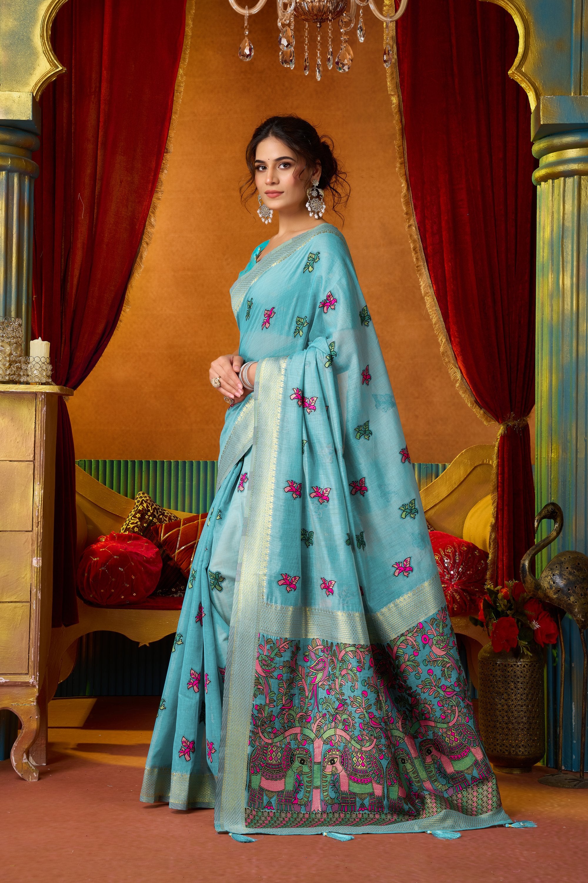 Anisha Saree - Aqua Blue - Full View