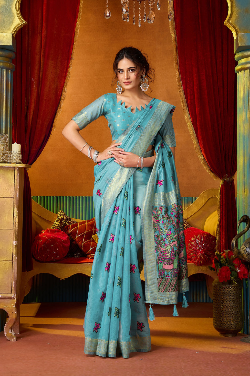 Anisha Saree - Aqua Blue - Border Detail