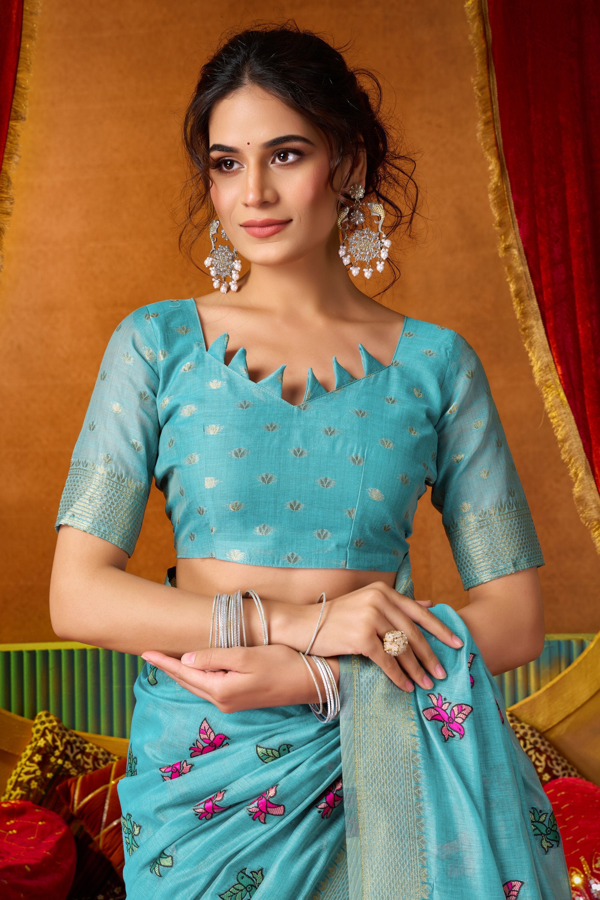 Anisha Saree - Aqua Blue - Close Up