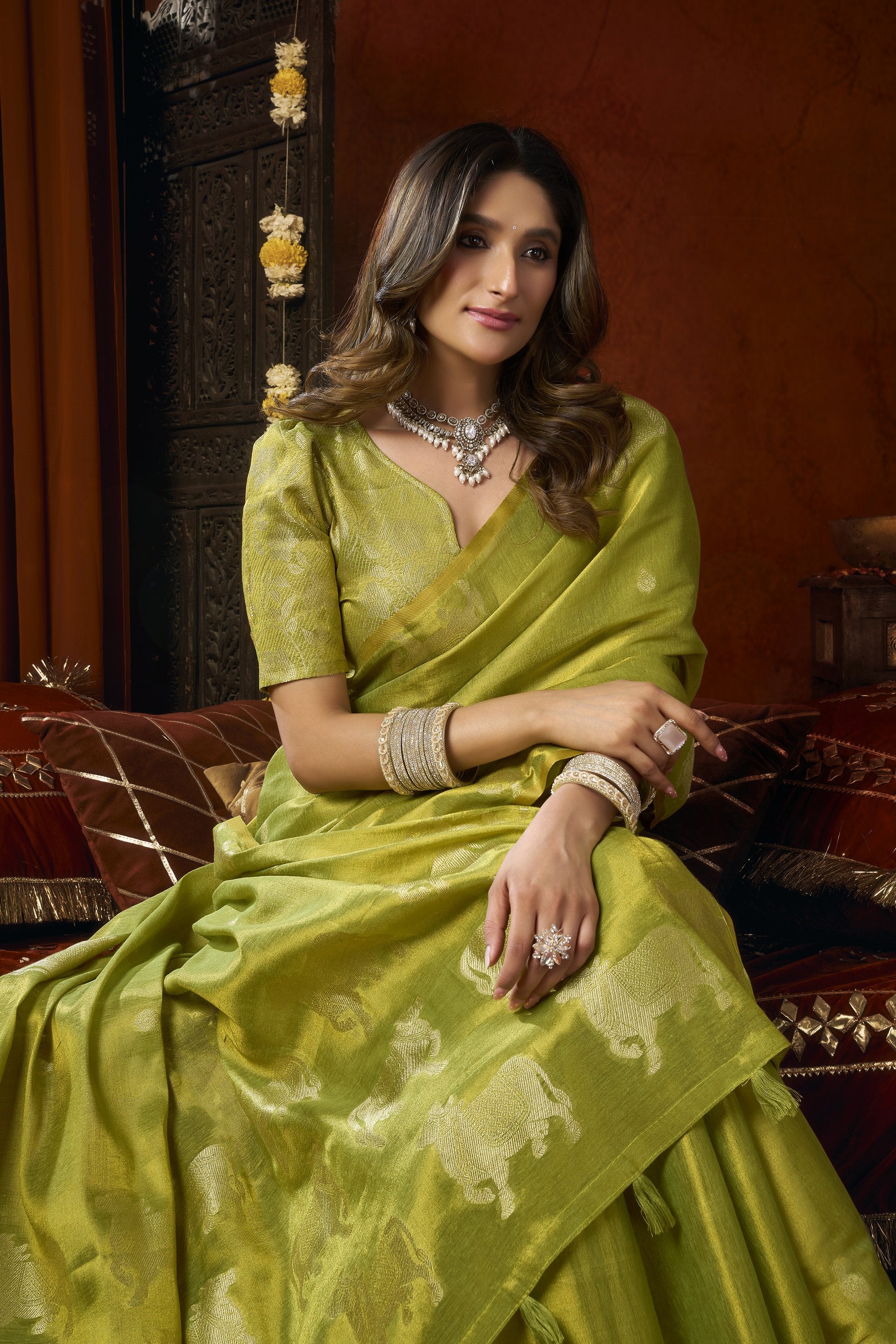 Anokhi Saree - Olive Lime - Border Detail