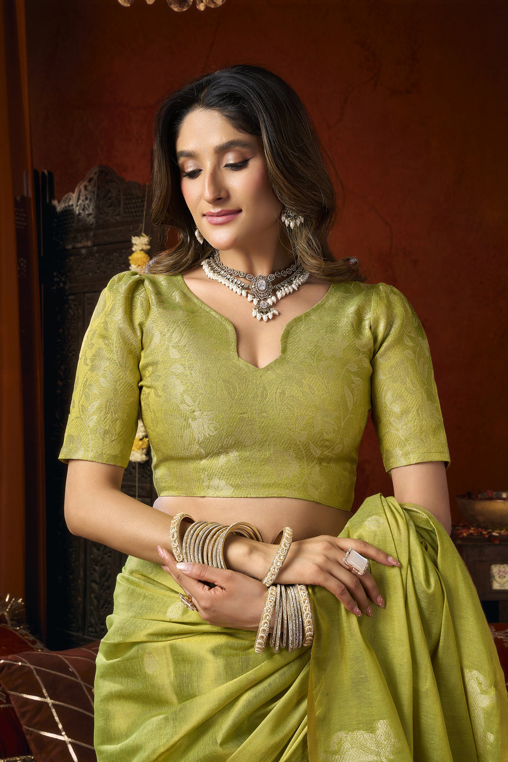 Anokhi Saree - Olive Lime - Close Up