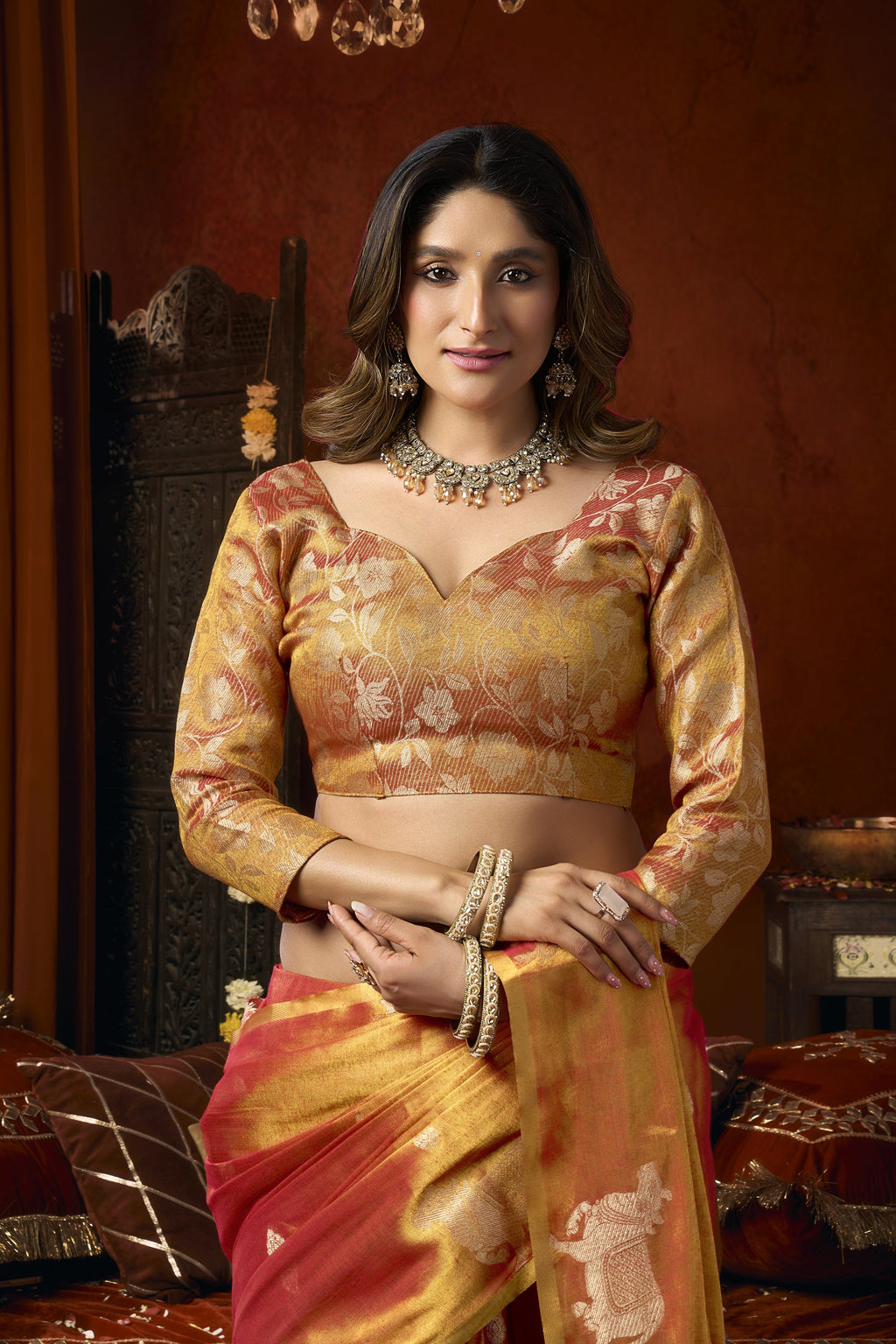 Anokhi Saree - Sunset Coral - Close Up