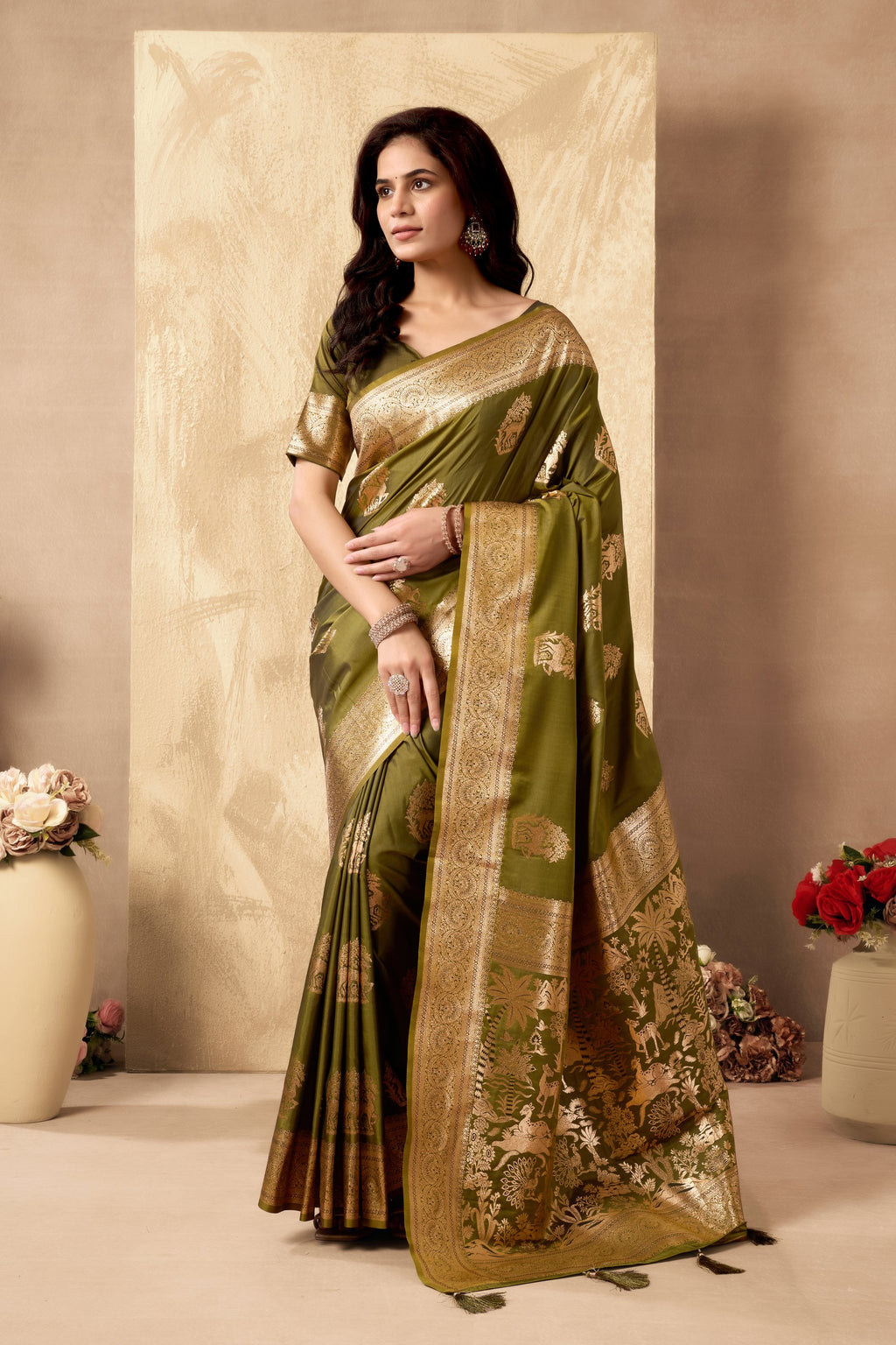 Chandrika Saree - Antique Olive - Full View