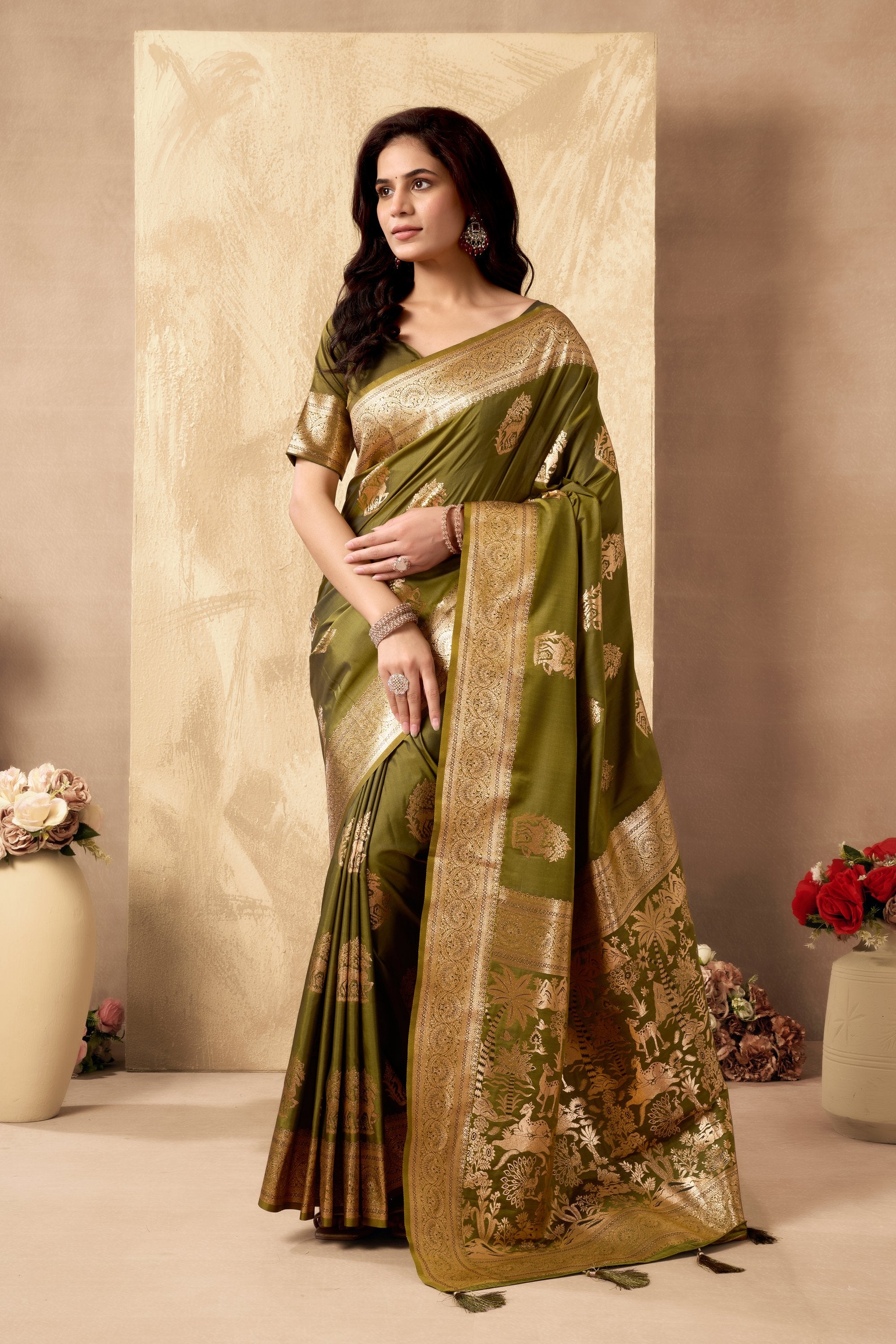 Chandrika Saree - Antique Olive - Full View
