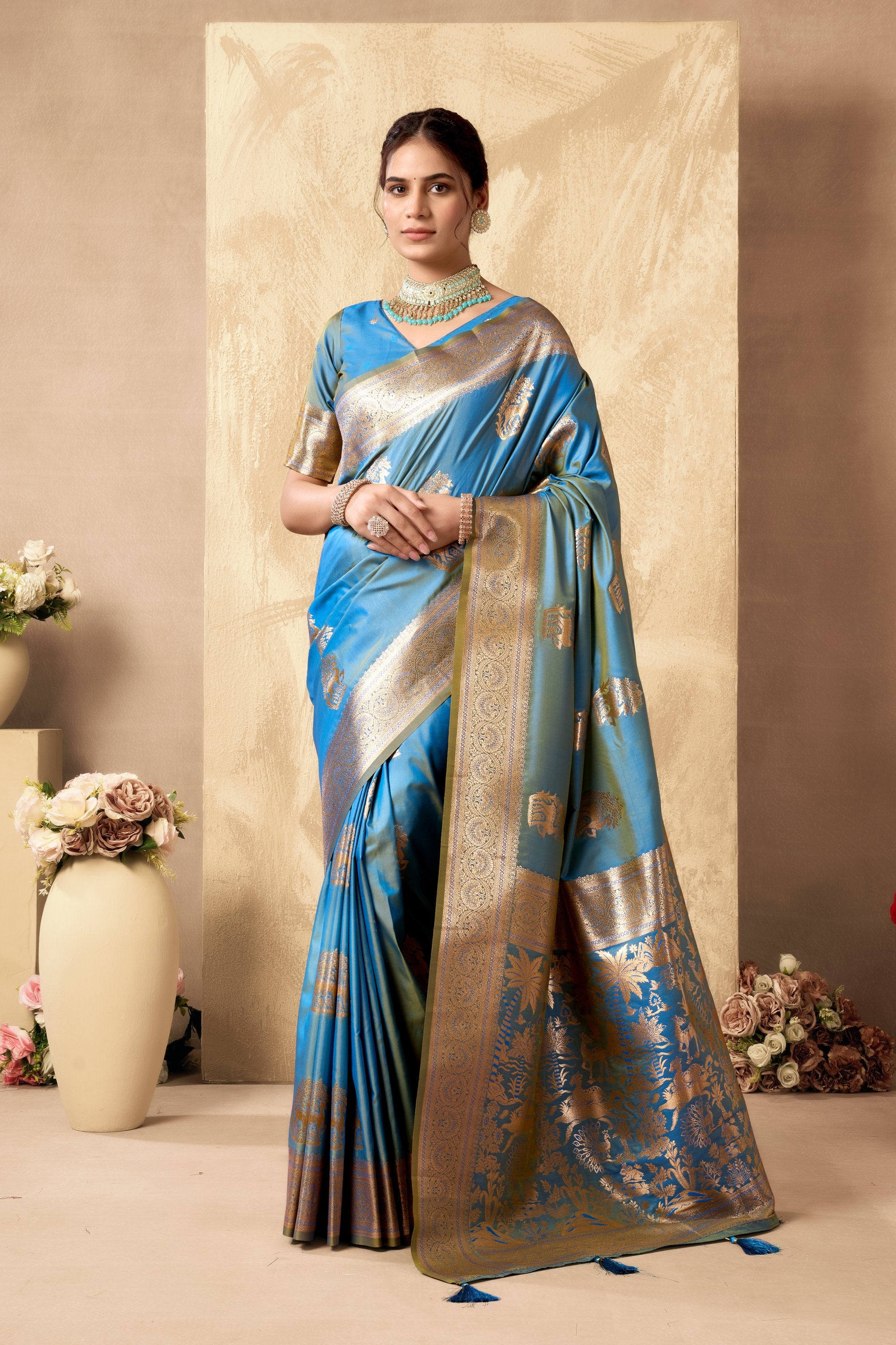 Chandrika Saree - Steel Blue - Full View