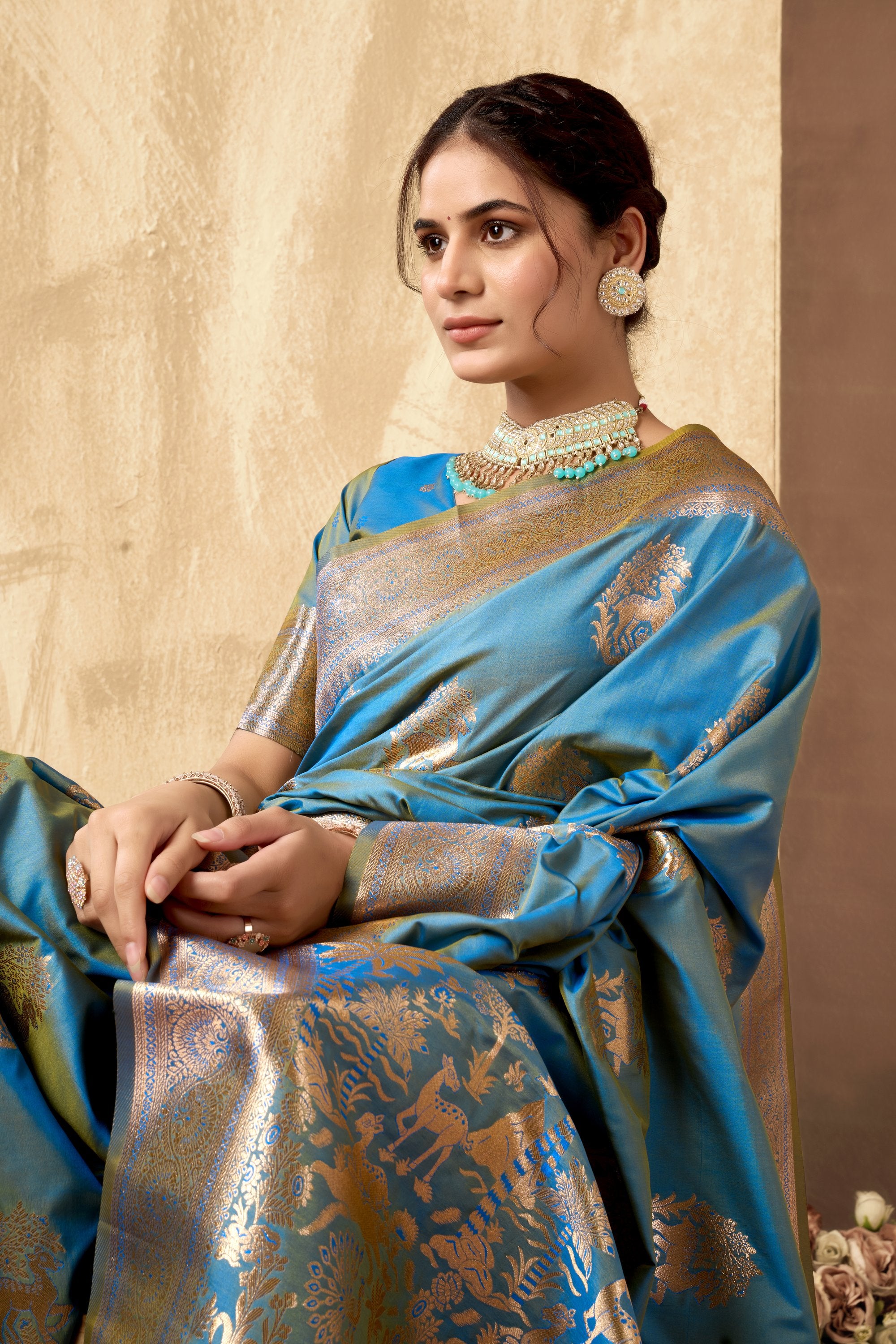 Chandrika Saree - Steel Blue - Close Up
