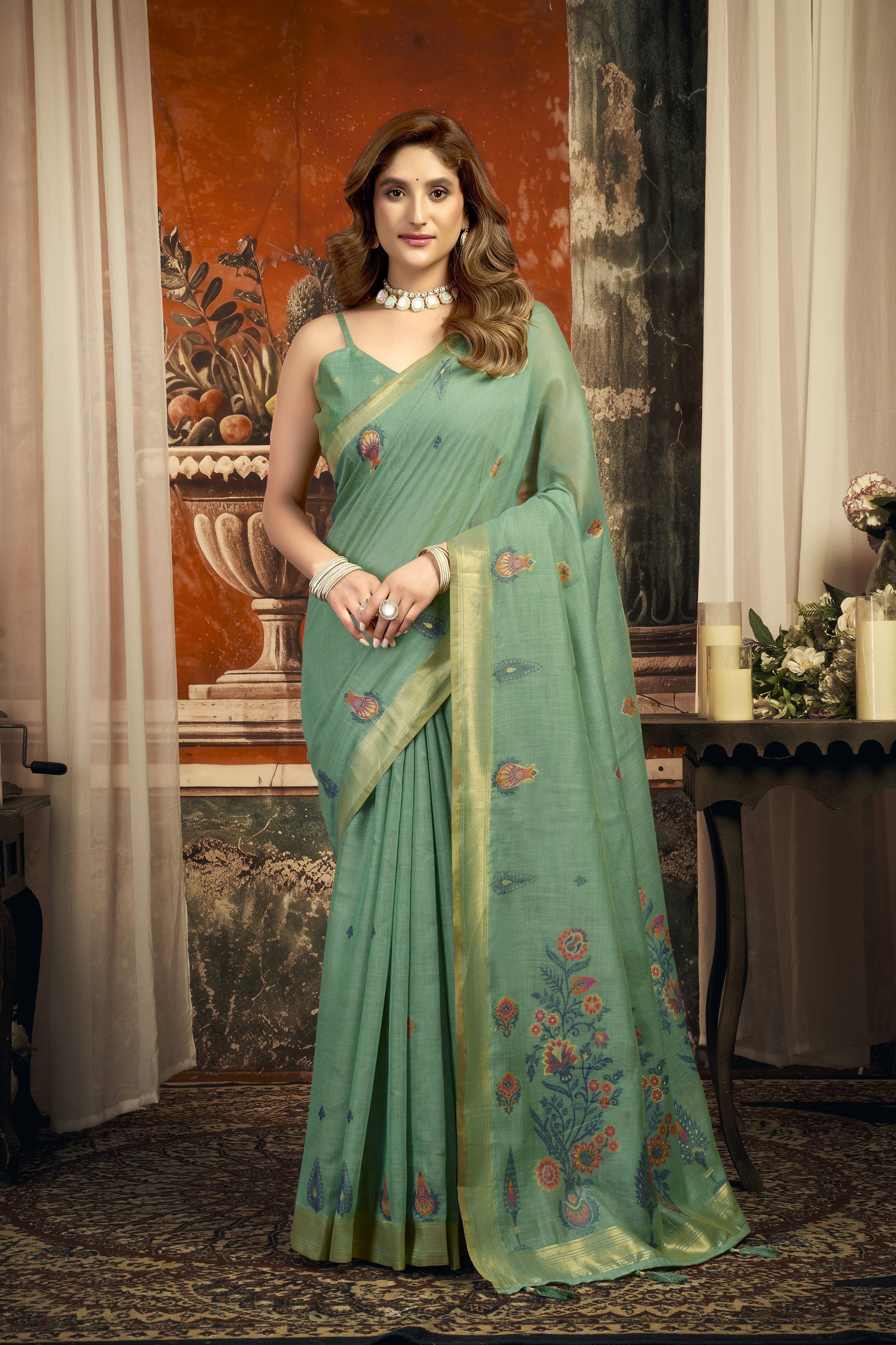 Dharaa Saree - Aqua Mint - Front Drape