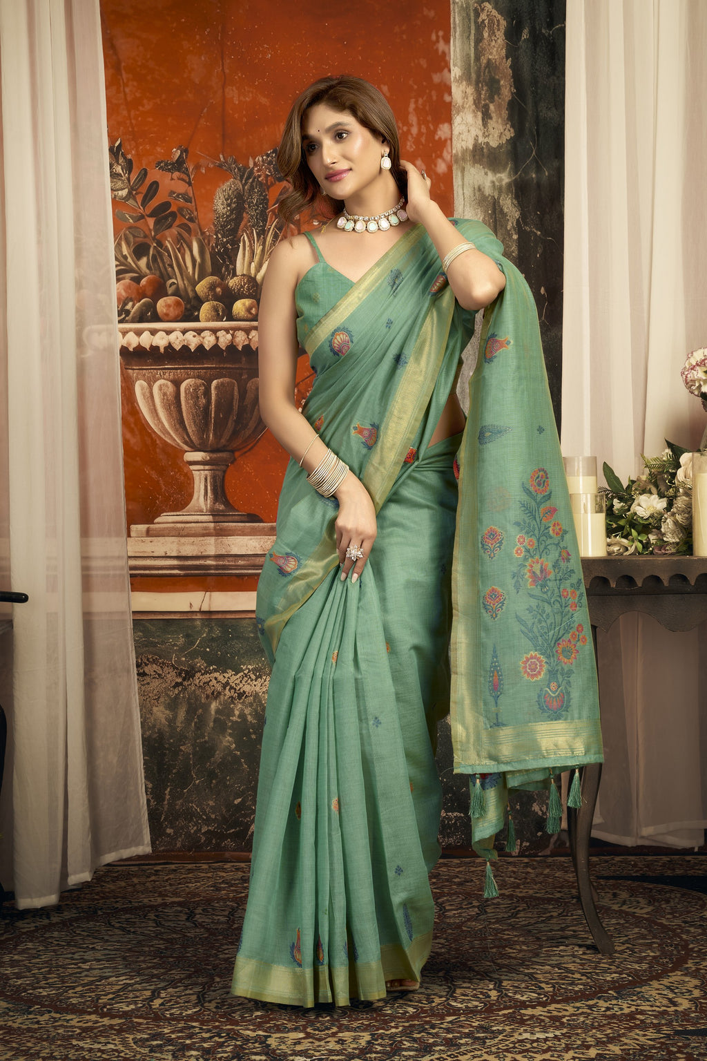 Dharaa Saree - Aqua Mint - Pallu Detail