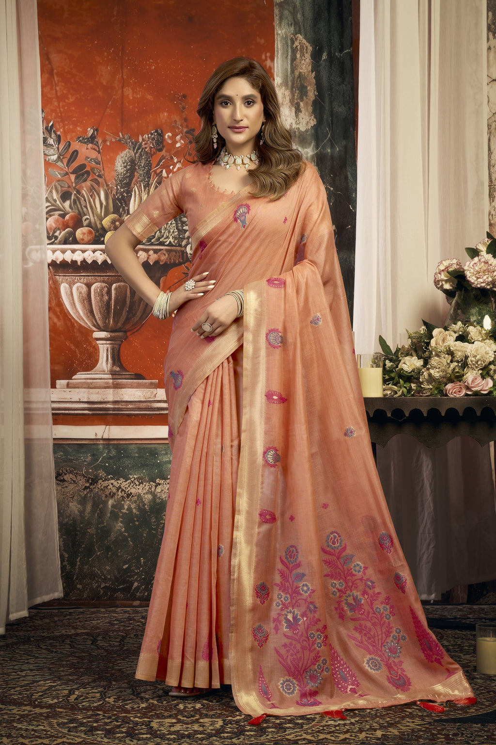 Dharaa Saree - Peach Coral - Front Drape