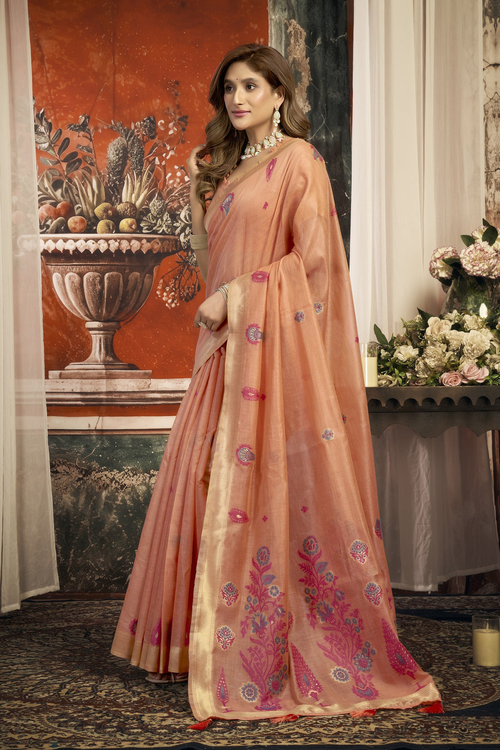 Dharaa Saree - Peach Coral - Full View