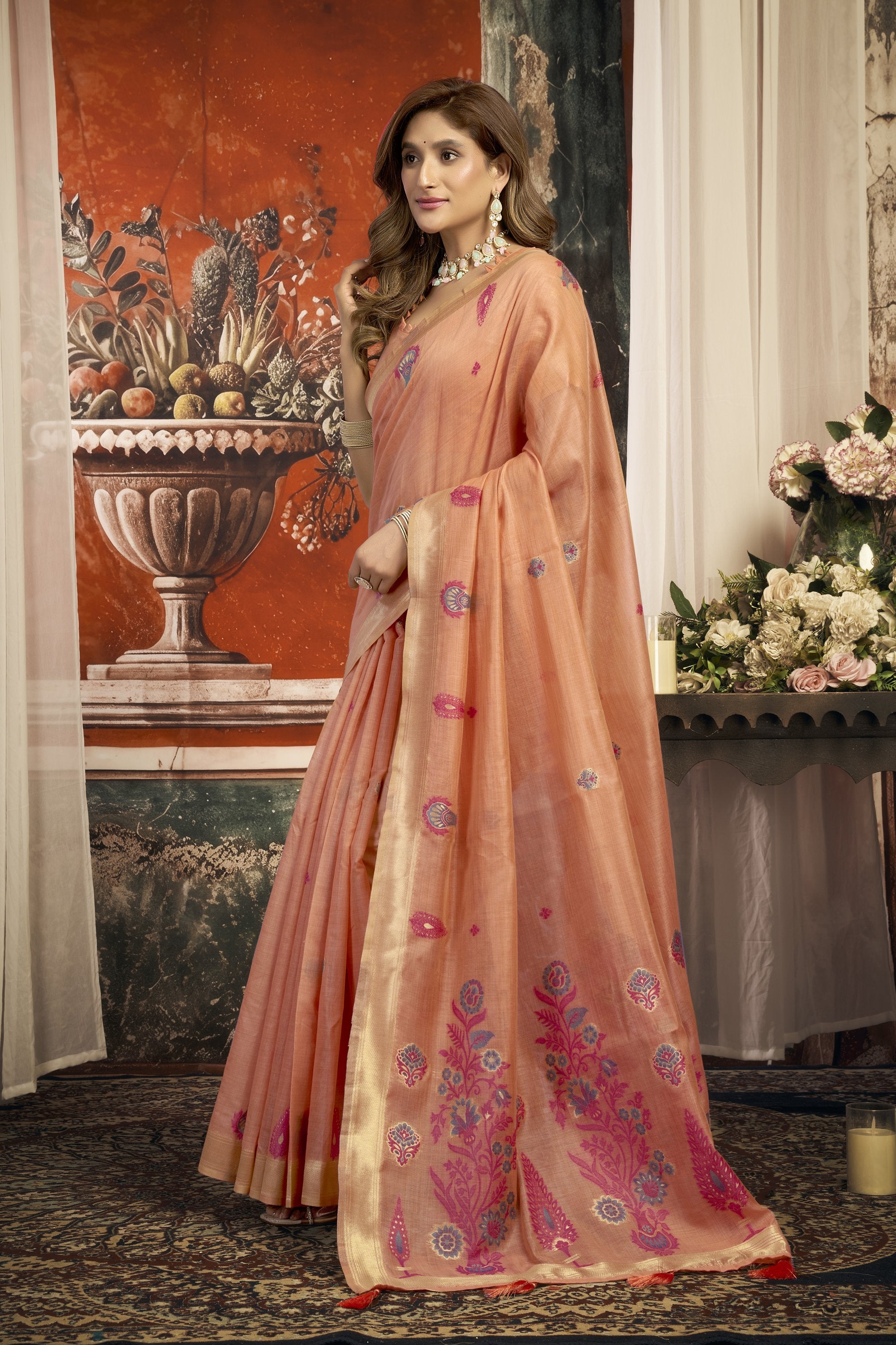 Dharaa Saree - Peach Coral - Full View