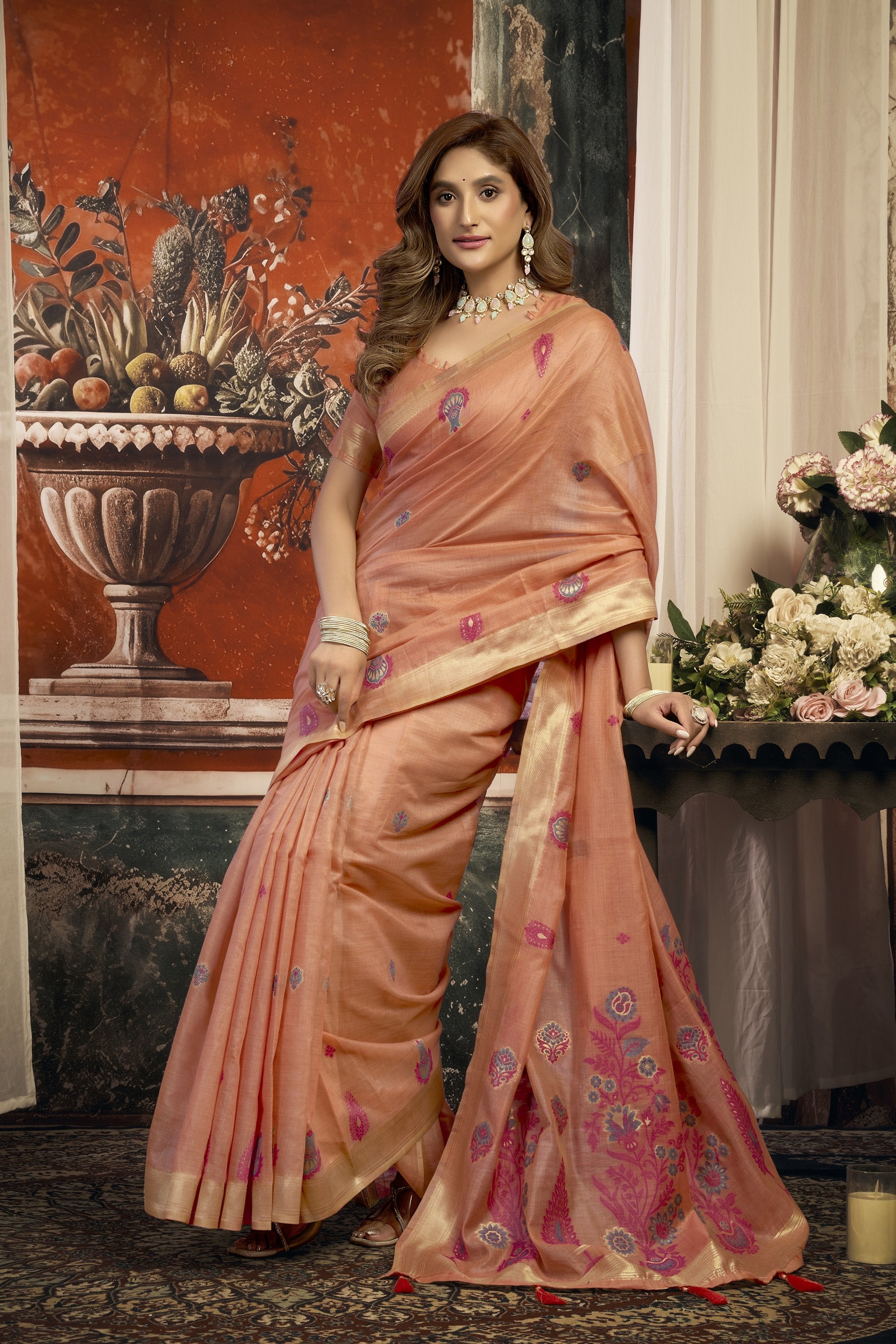 Dharaa Saree - Peach Coral - Border Detail