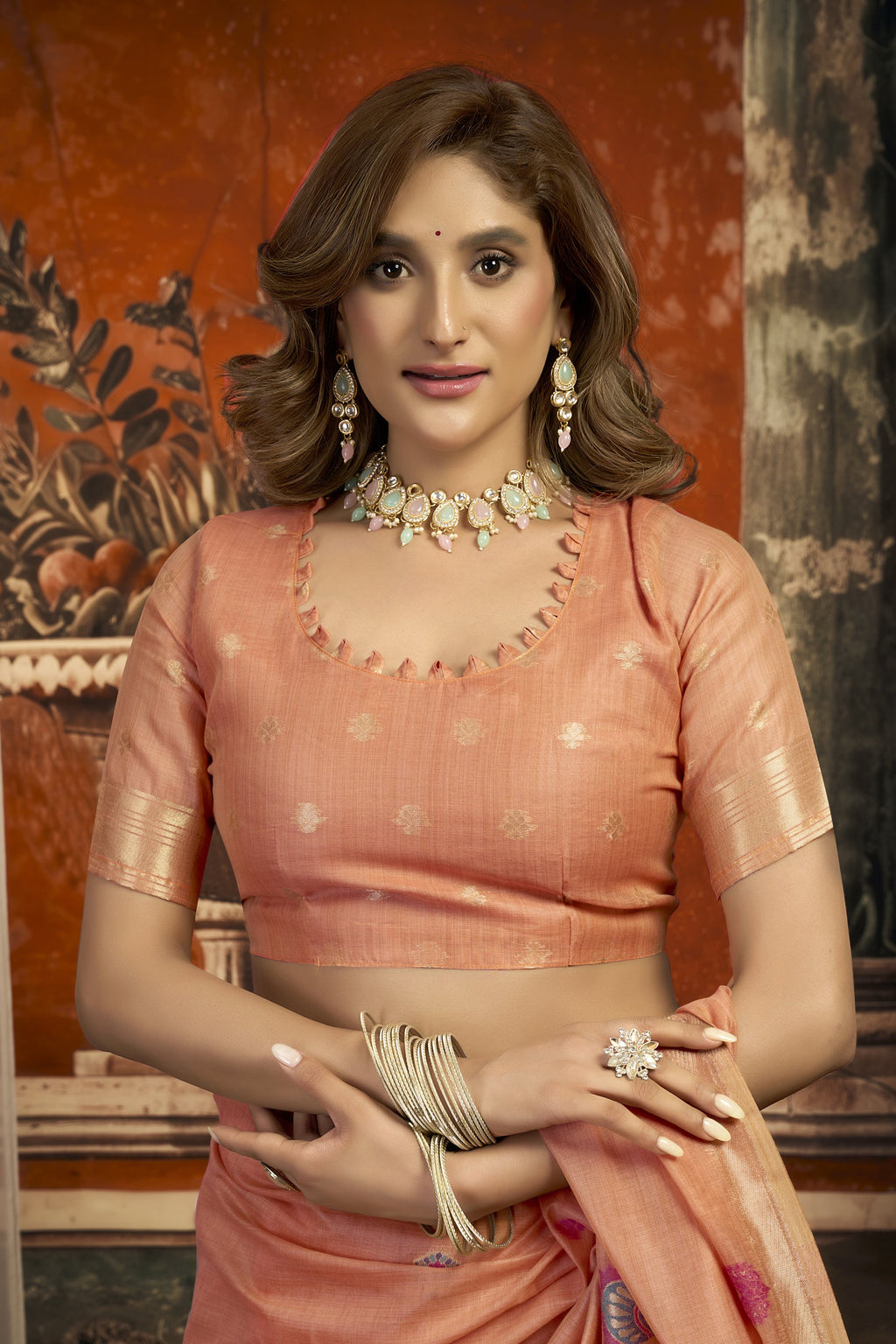 Dharaa Saree - Peach Coral - Side View
