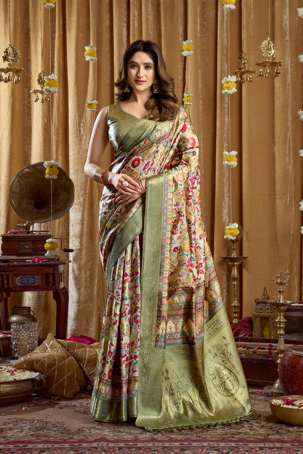 Gulshan Saree - Olive Gold - Front Drape