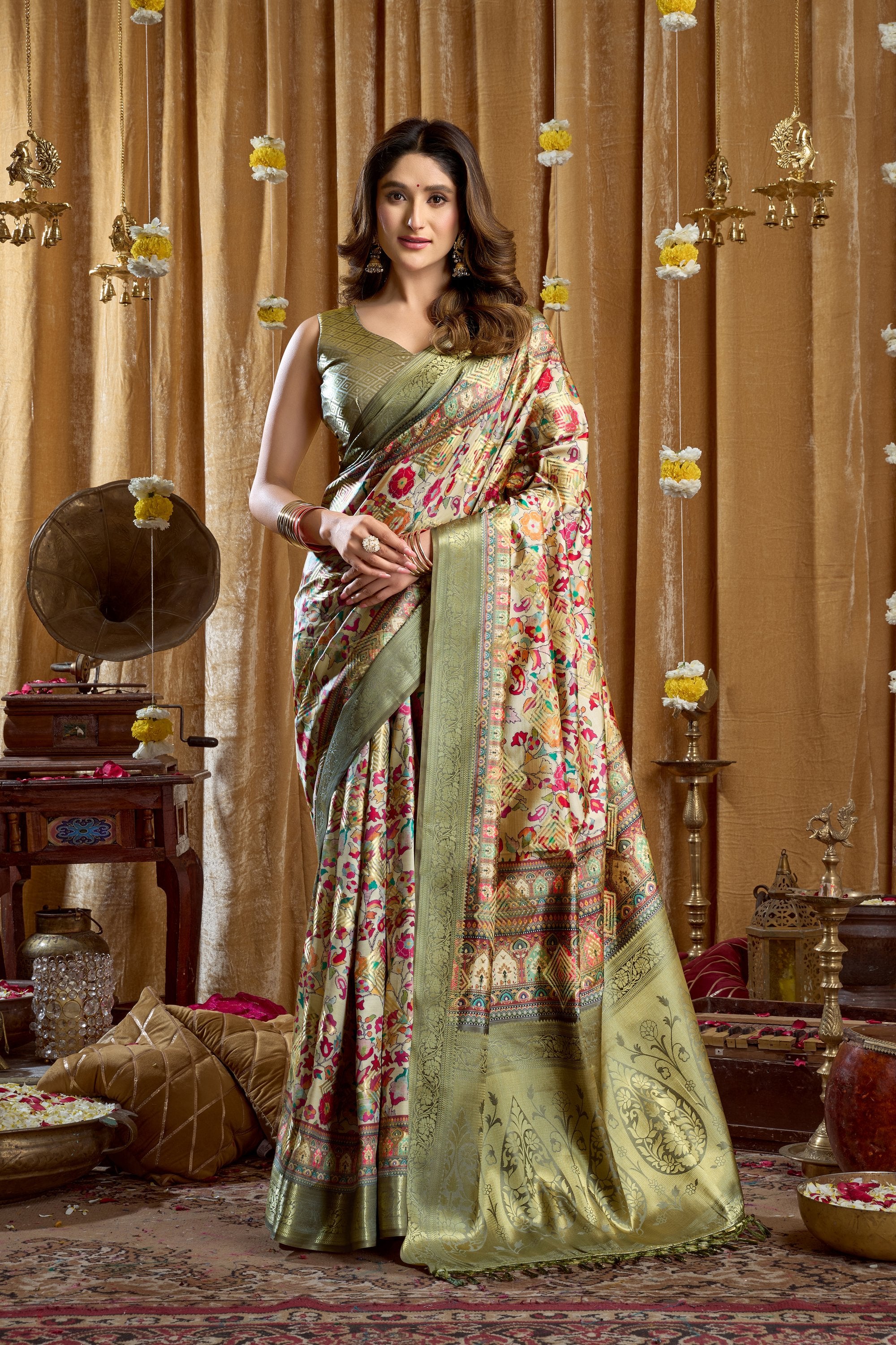 Gulshan Saree - Olive Gold - Front Drape