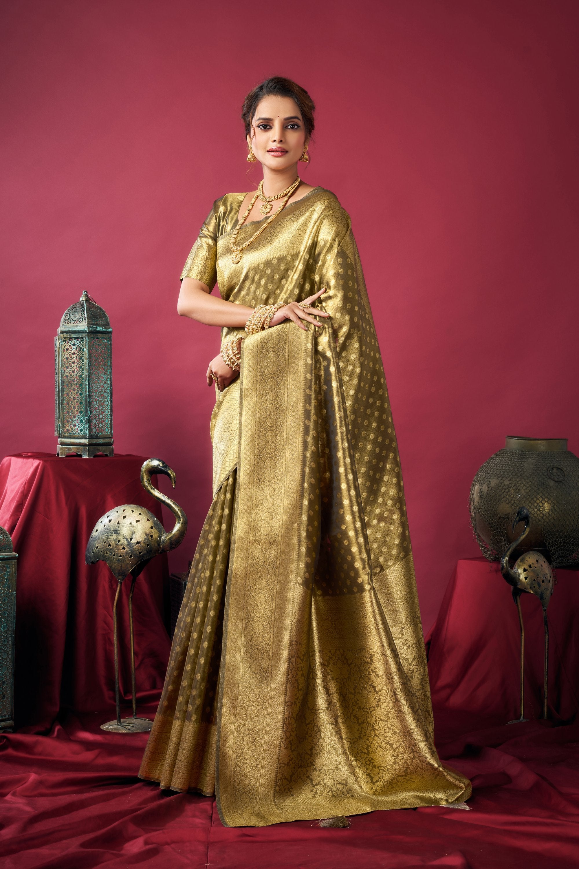 Jharokha Saree - Antique Olive - Full View