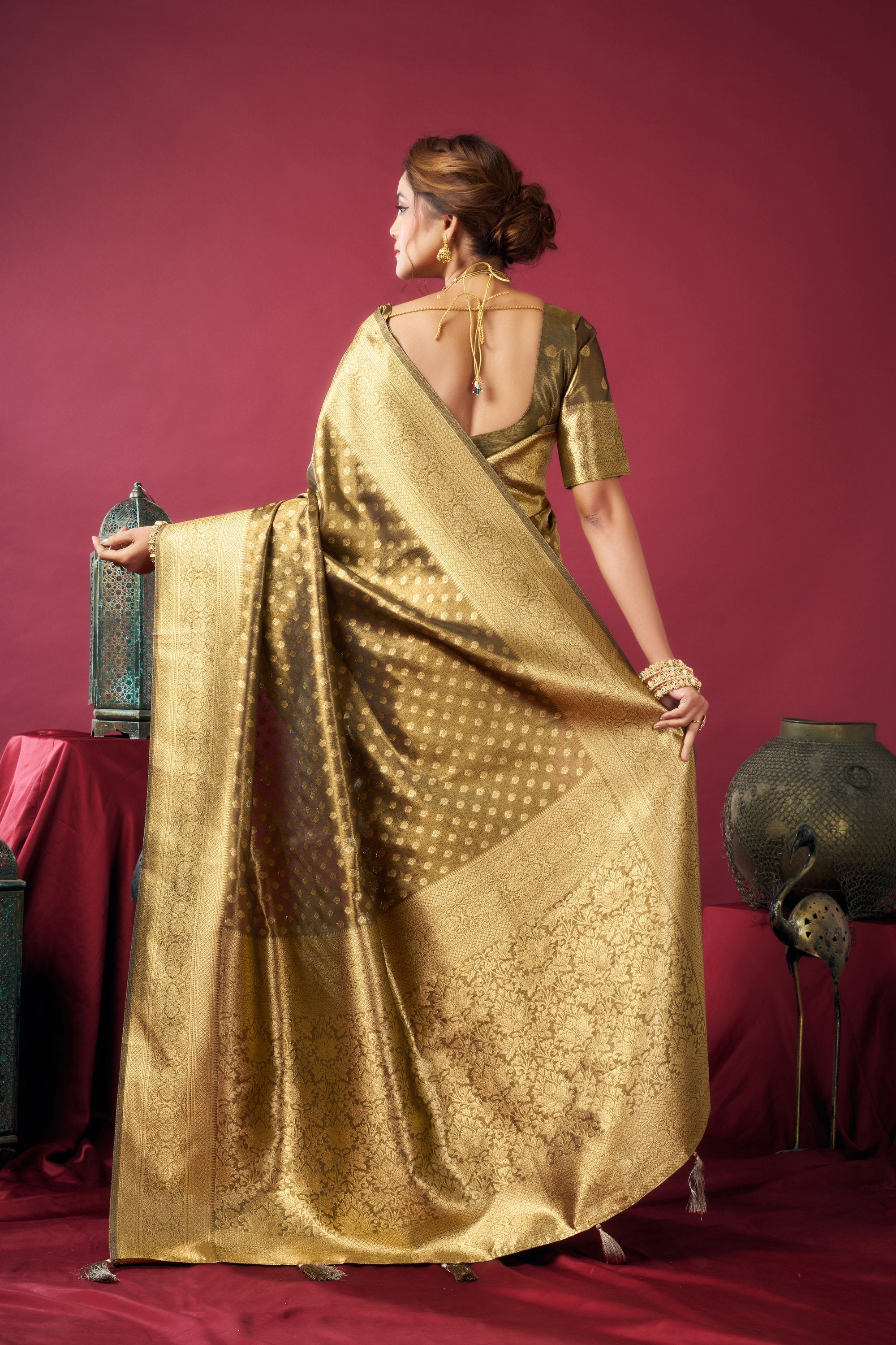 Jharokha Saree - Antique Olive - Close Up