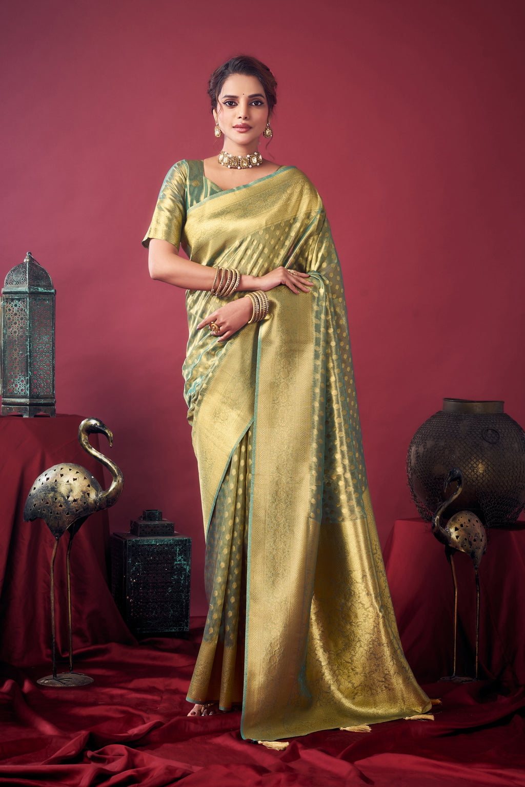 Jharokha Saree - Sage Gold - Front Drape