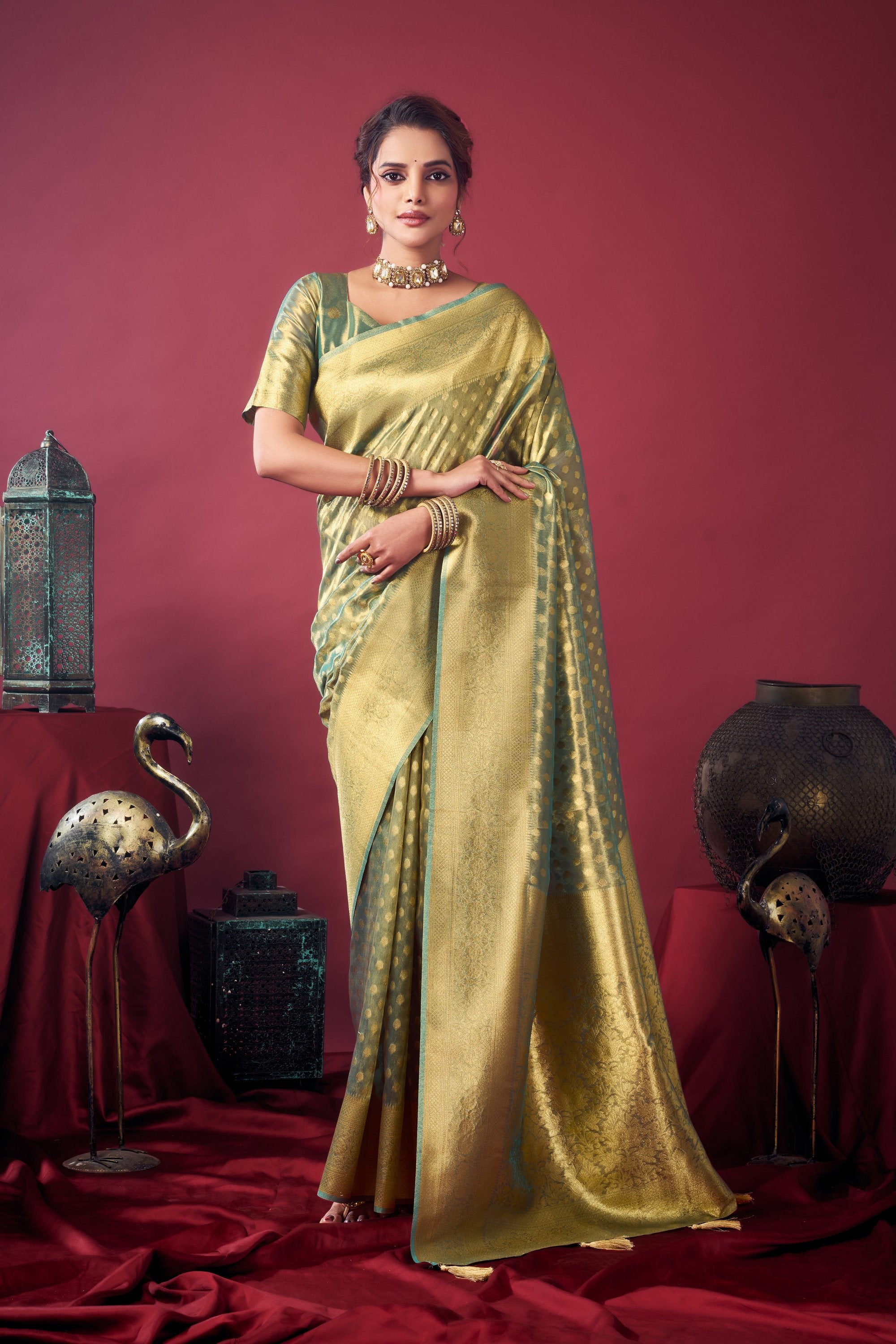 Jharokha Saree - Sage Gold - Front Drape