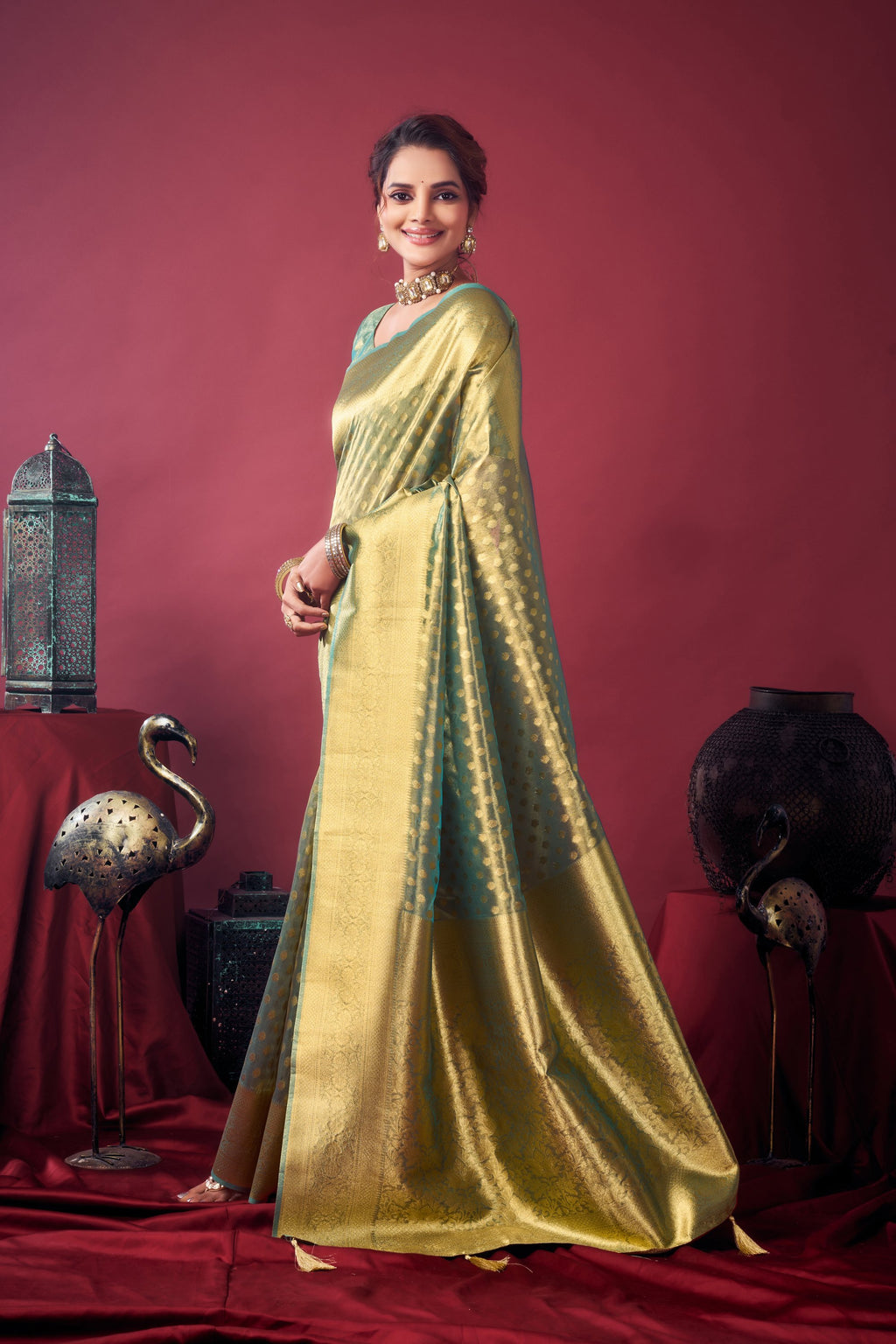 Jharokha Saree - Sage Gold - Full View