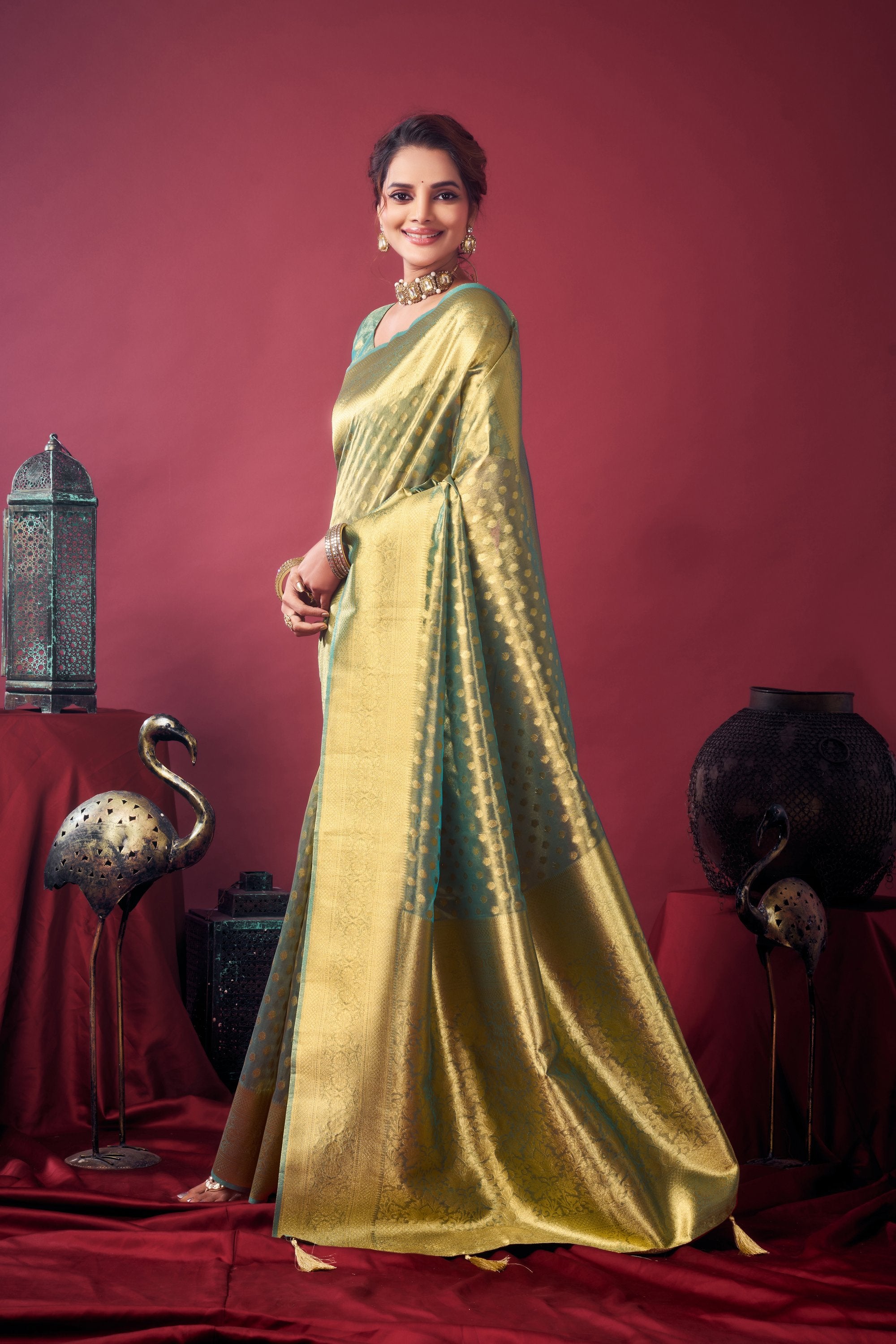 Jharokha Saree - Sage Gold - Full View
