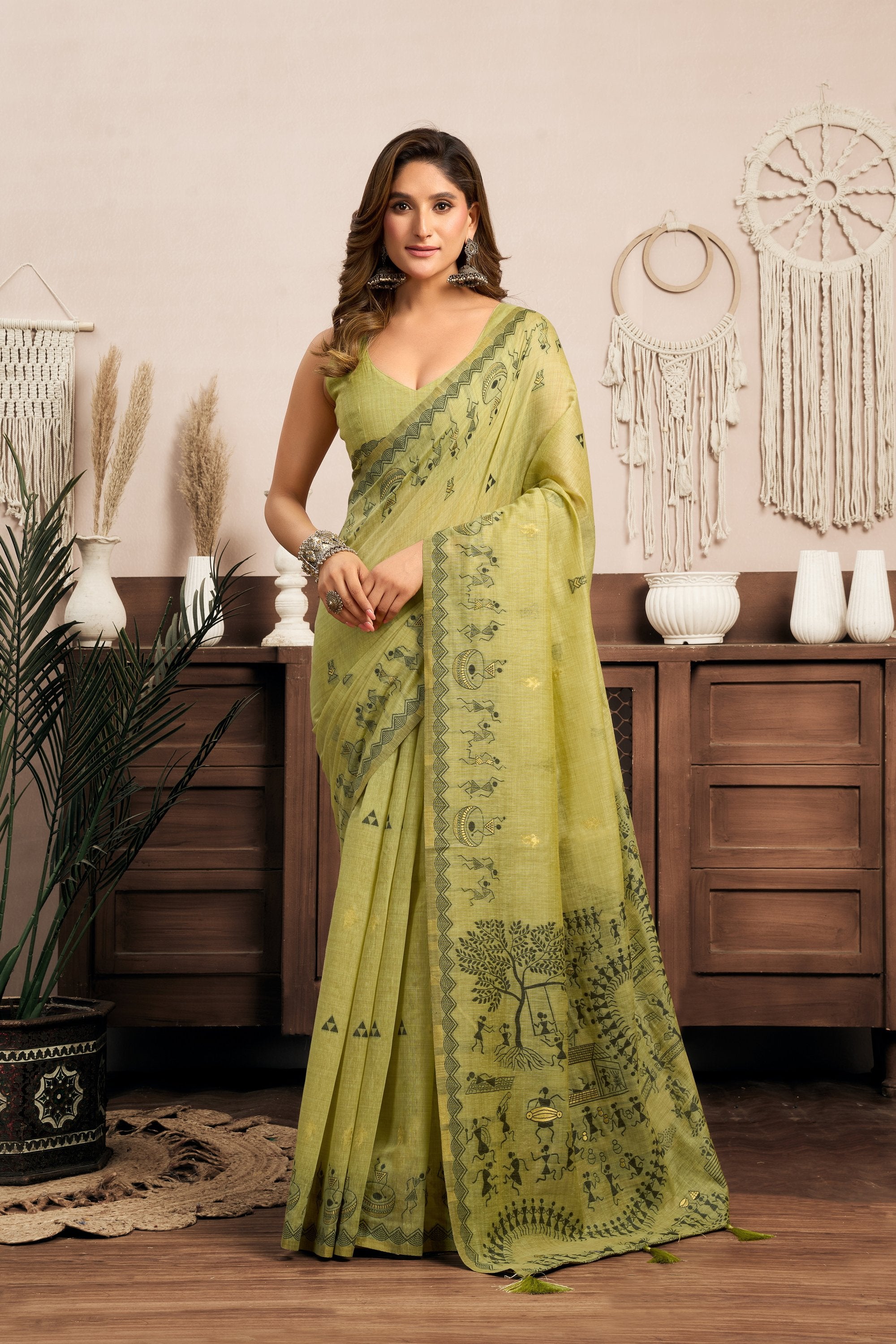 Kaveri Saree - Pistachio Olive - Front Drape