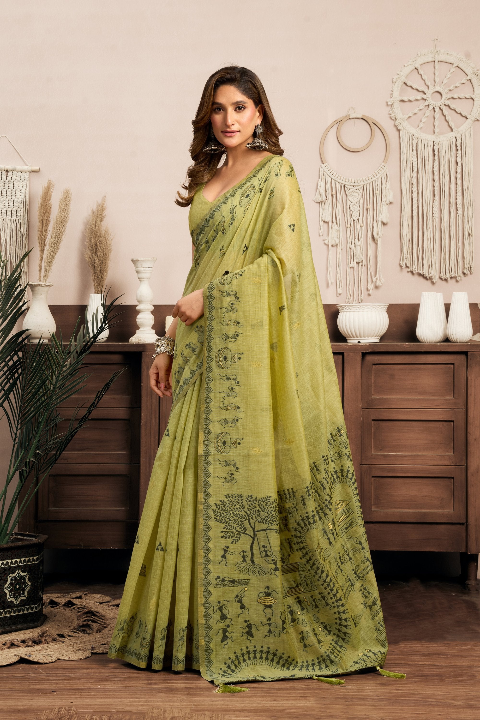 Kaveri Saree - Pistachio Olive - Full View