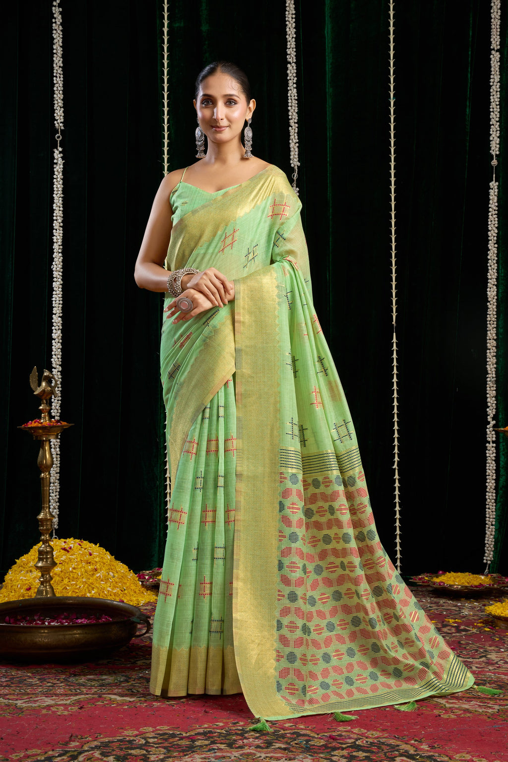 Kiran Saree - Pistachio Green - Front Drape