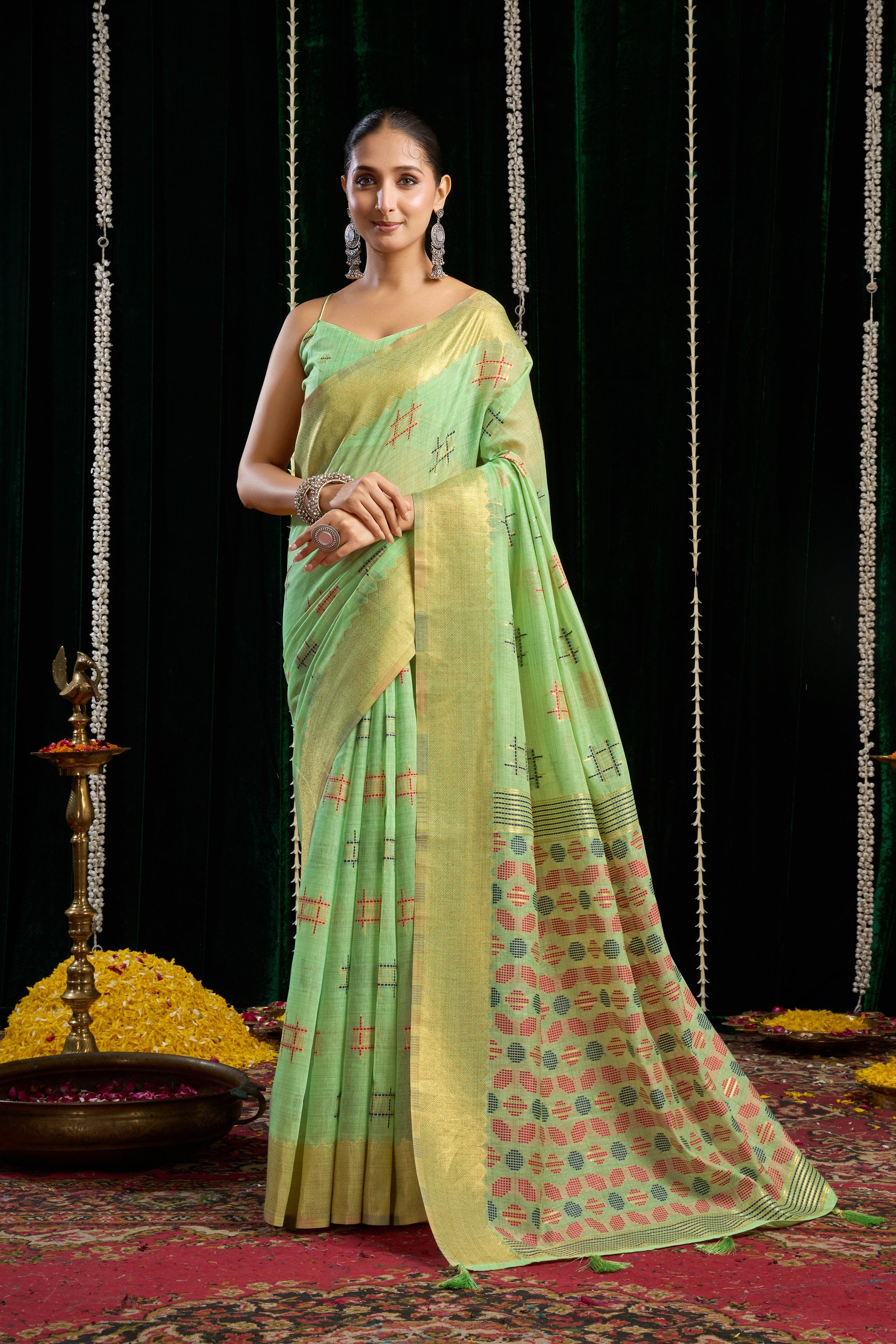 Kiran Saree - Pistachio Green - Front Drape