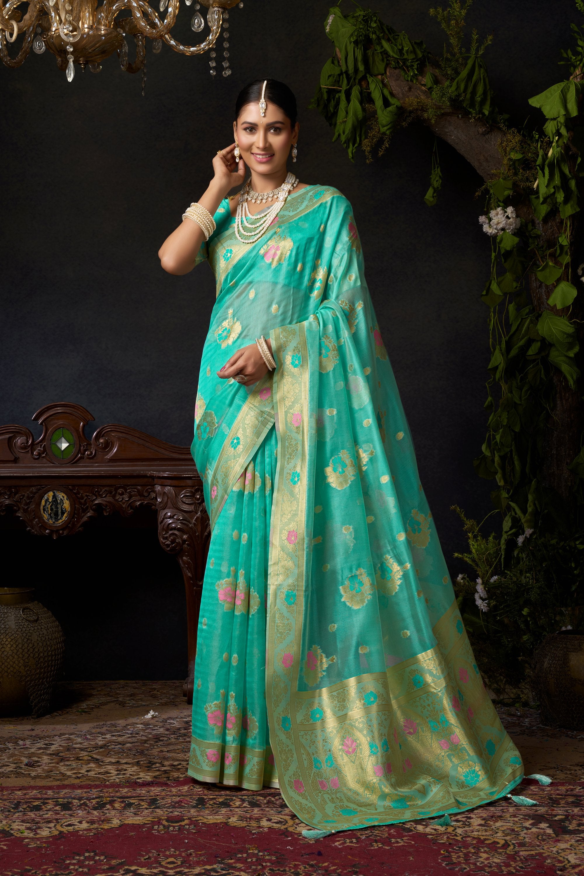 Komali Saree - Aqua Mint - Front Drape
