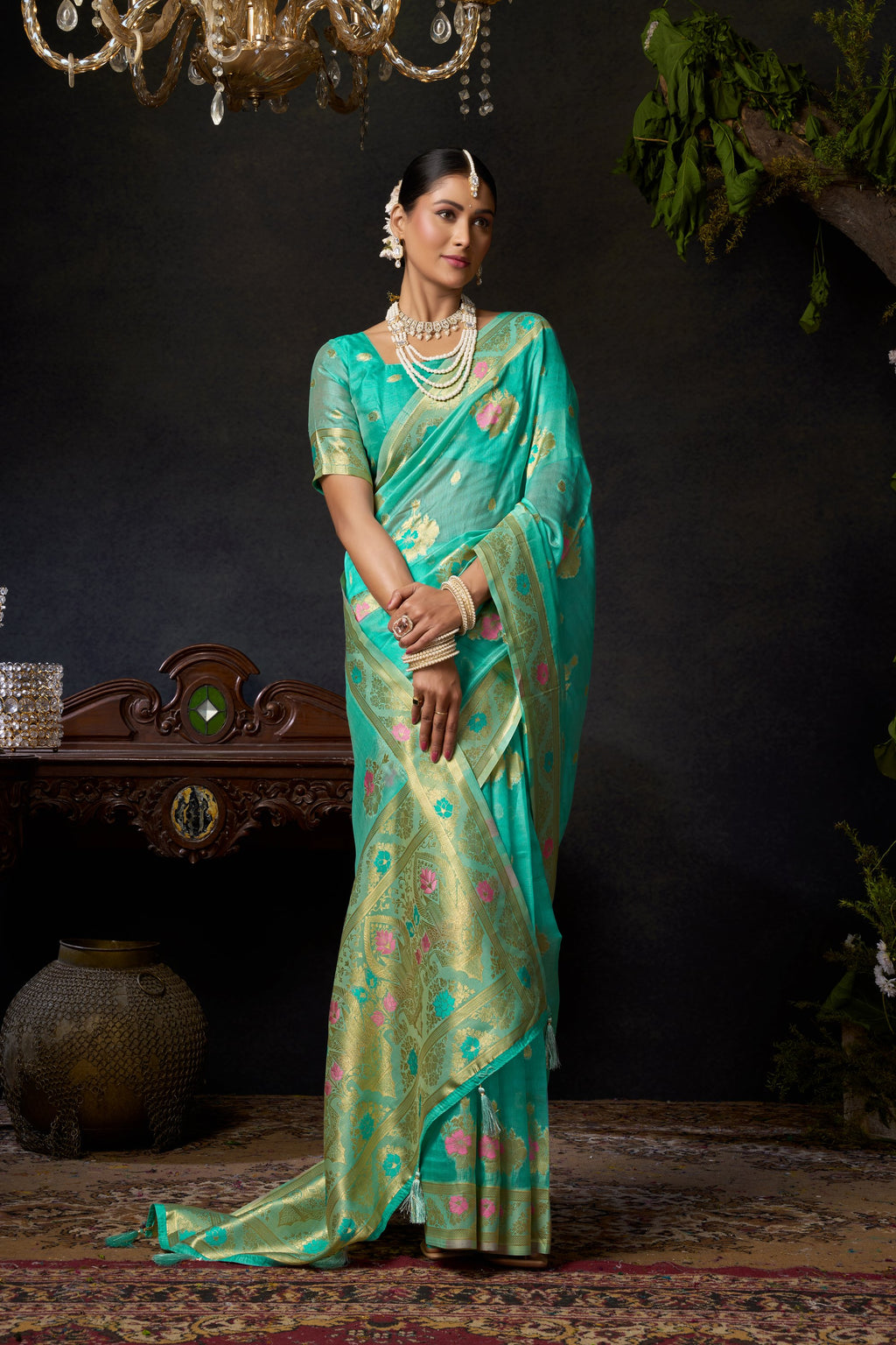 Komali Saree - Aqua Mint - Border Detail