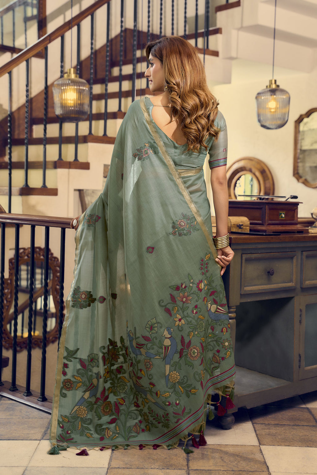 Laavanya Saree - Sage Green - Front Drape