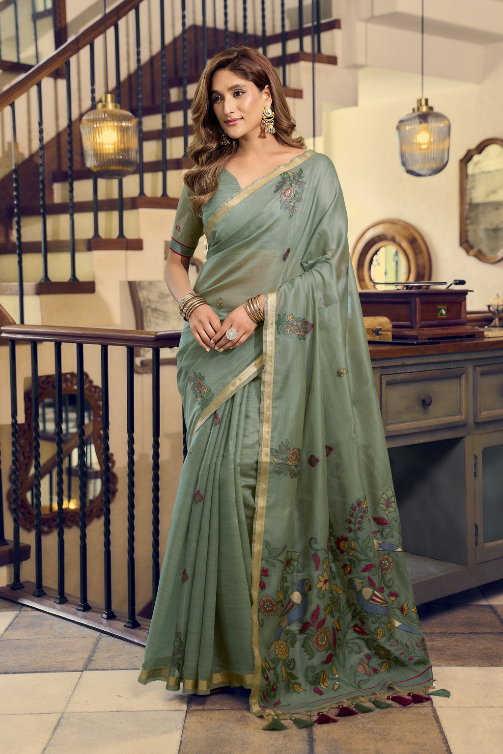Laavanya Saree - Sage Green - Full View