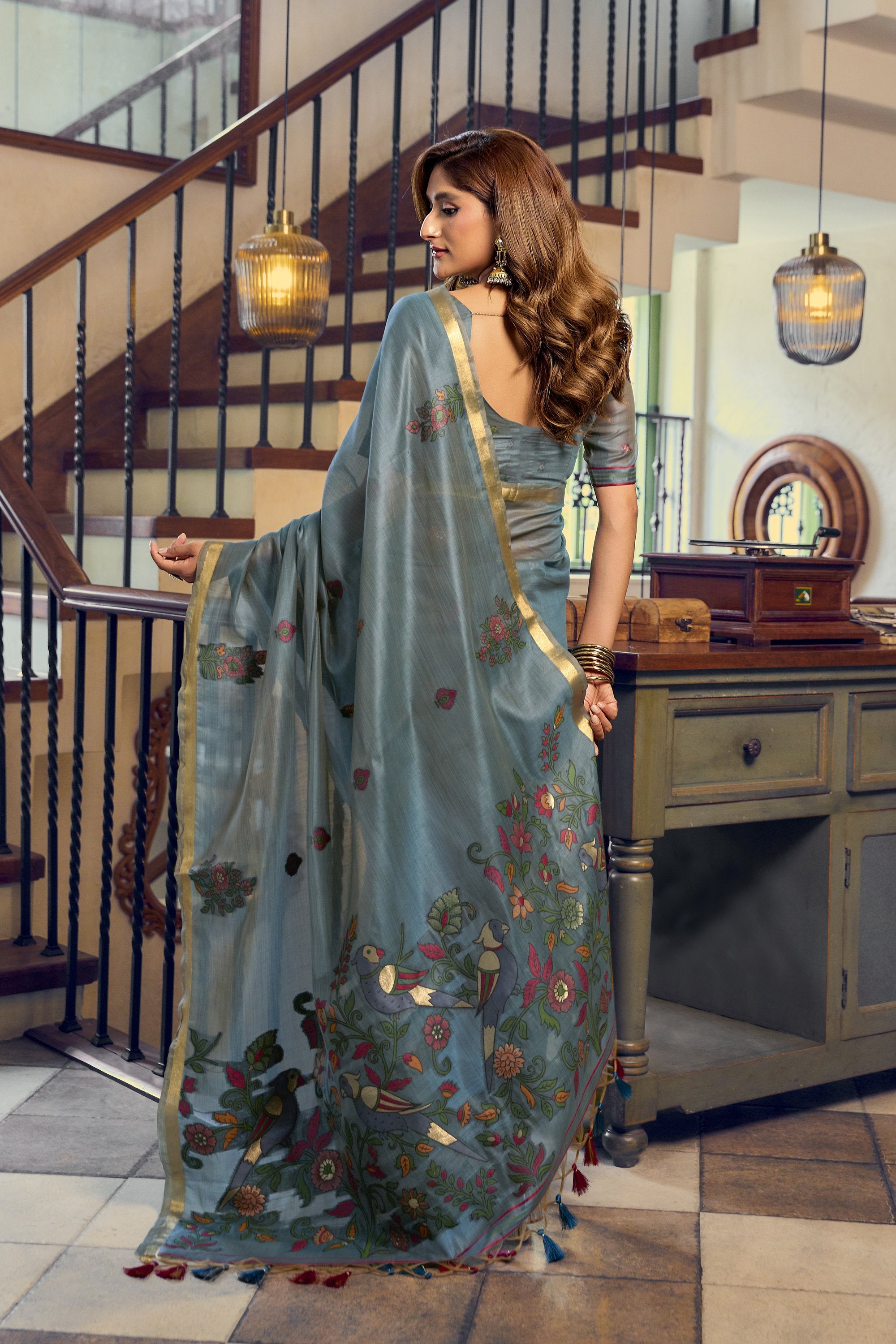 Laavanya Saree - Steel Teal - Front Drape