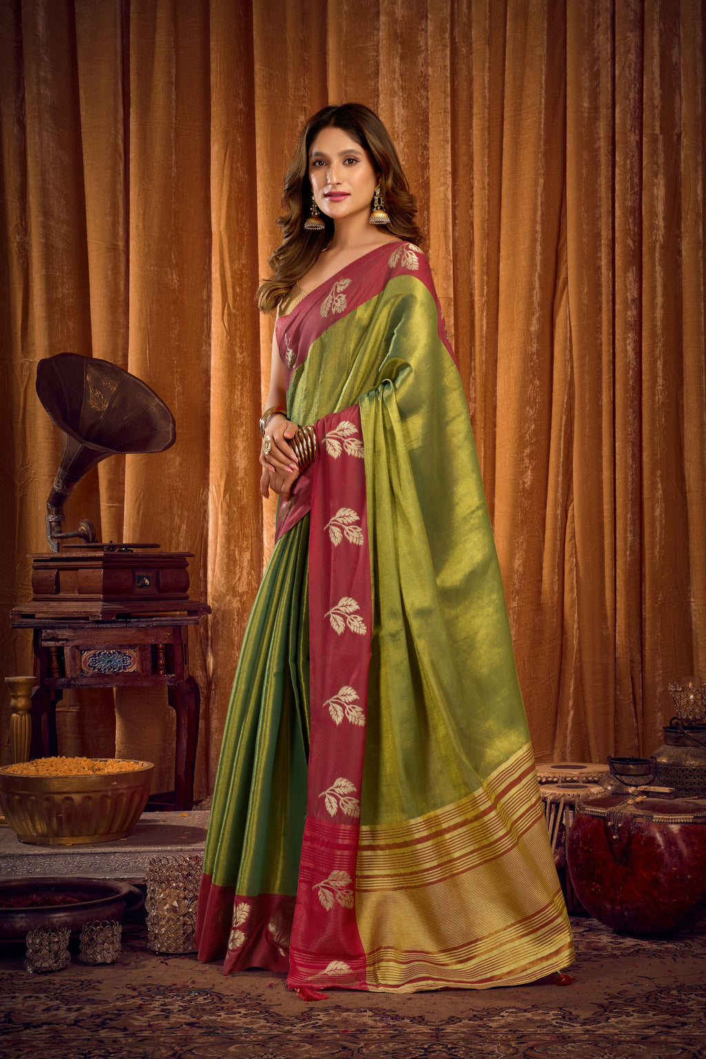 Madhura Saree - Forest Olive - Full View