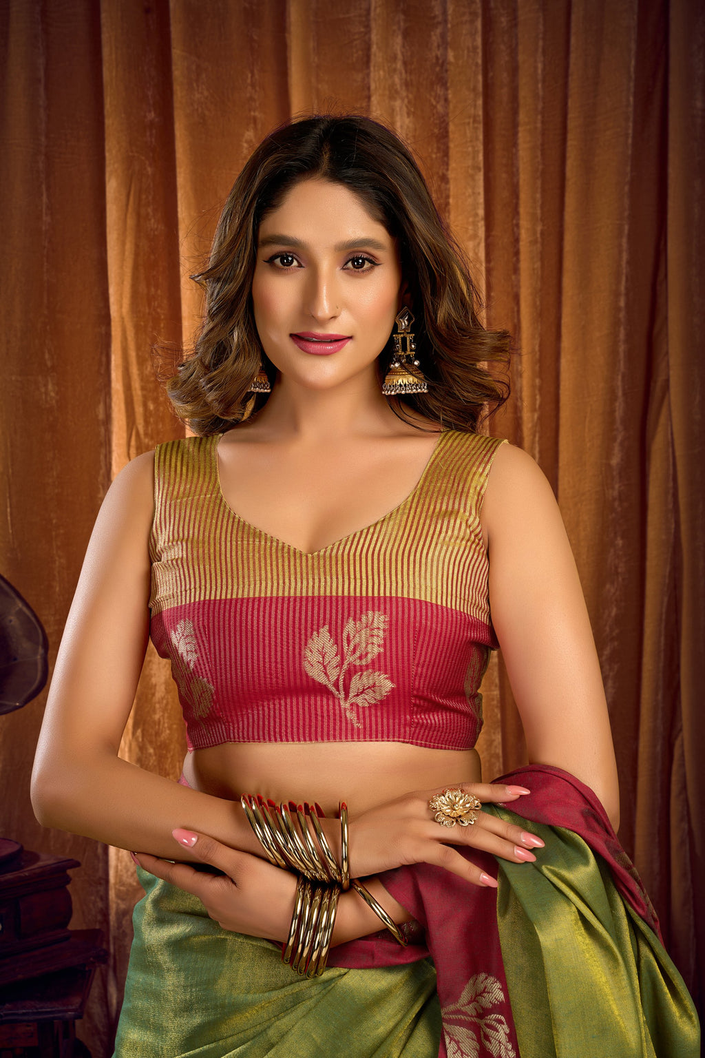 Madhura Saree - Forest Olive - Close Up