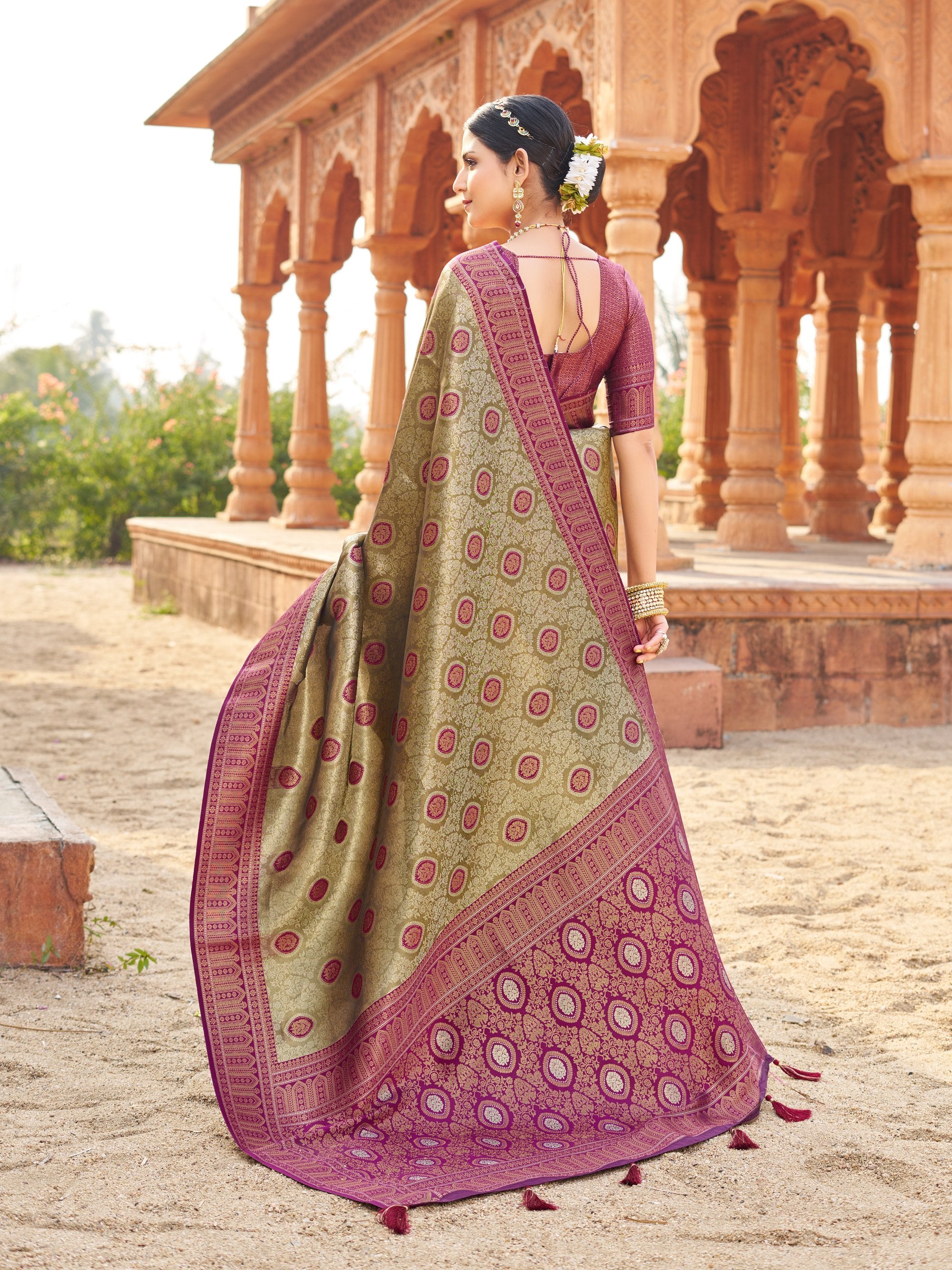 Mangalam Saree - Olive Antique Gold - Front Drape