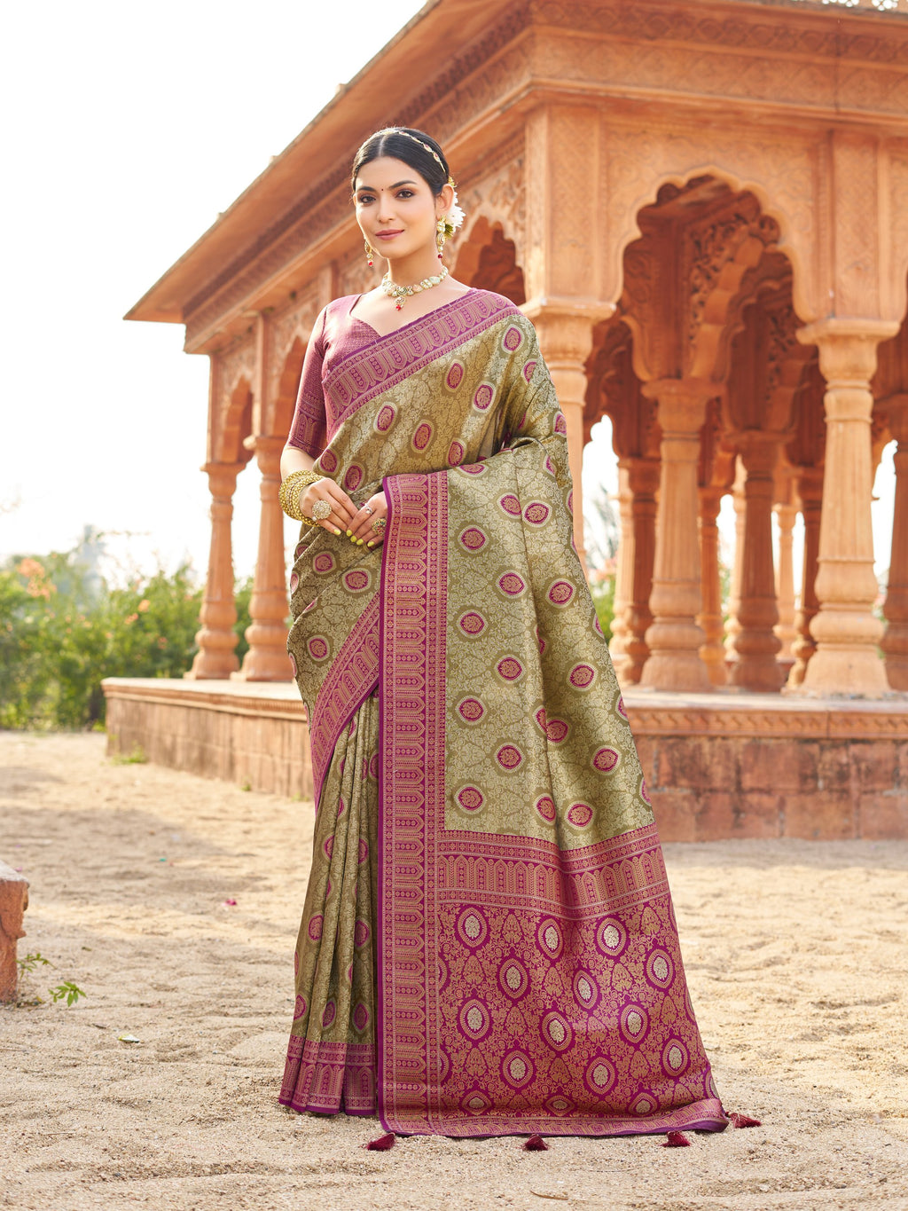 Mangalam Saree - Olive Antique Gold - Full View