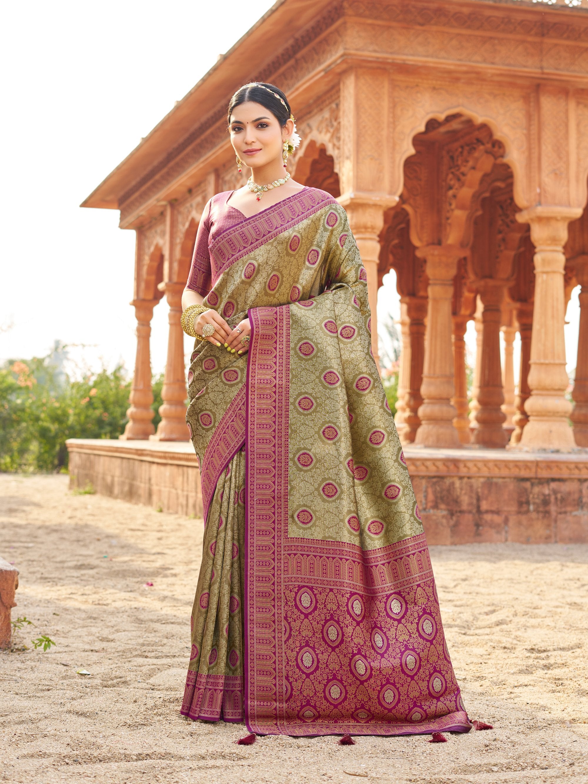 Mangalam Saree - Olive Antique Gold - Full View