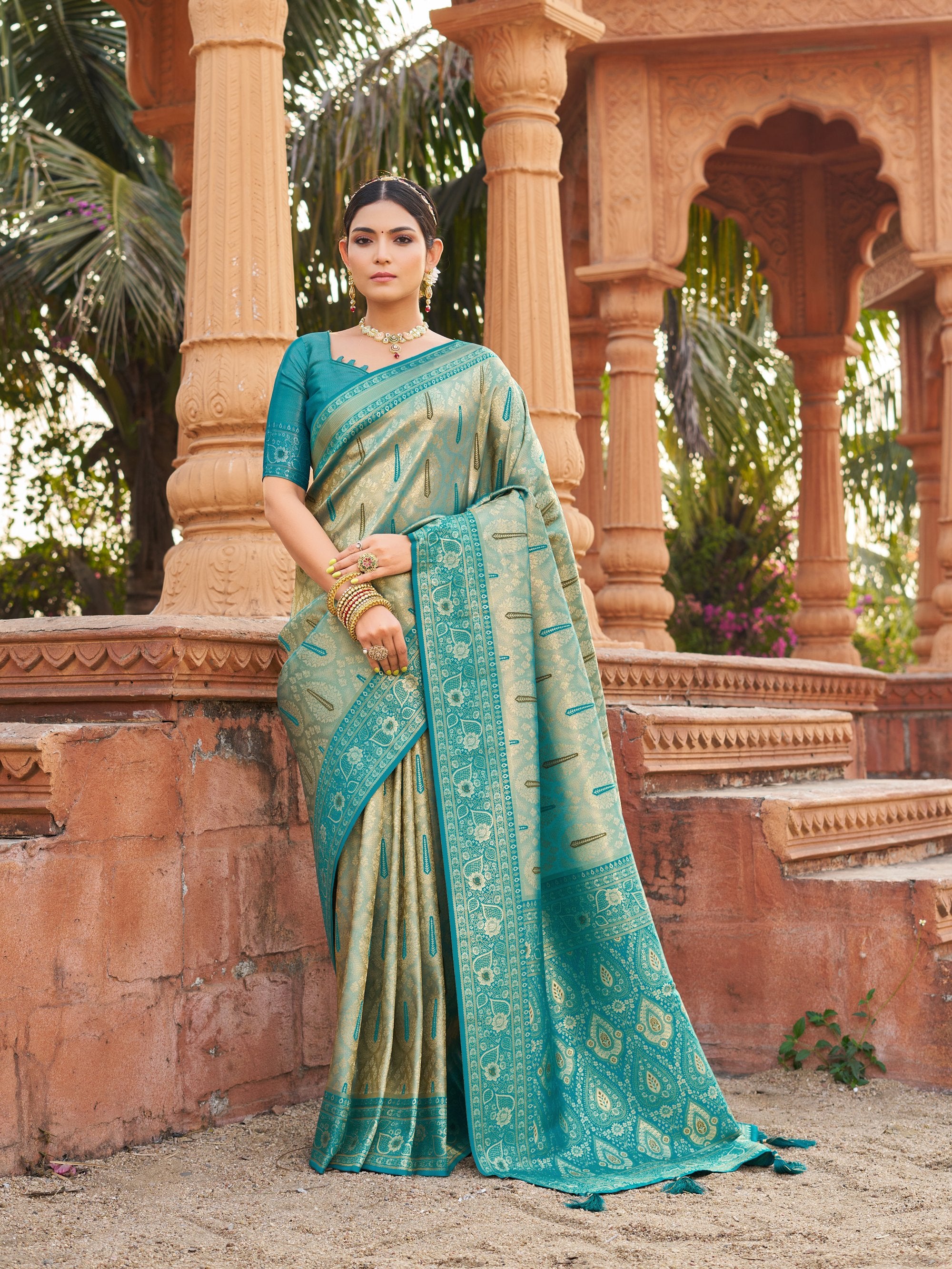 Mangalam Saree - Seafoam Teal - Full View