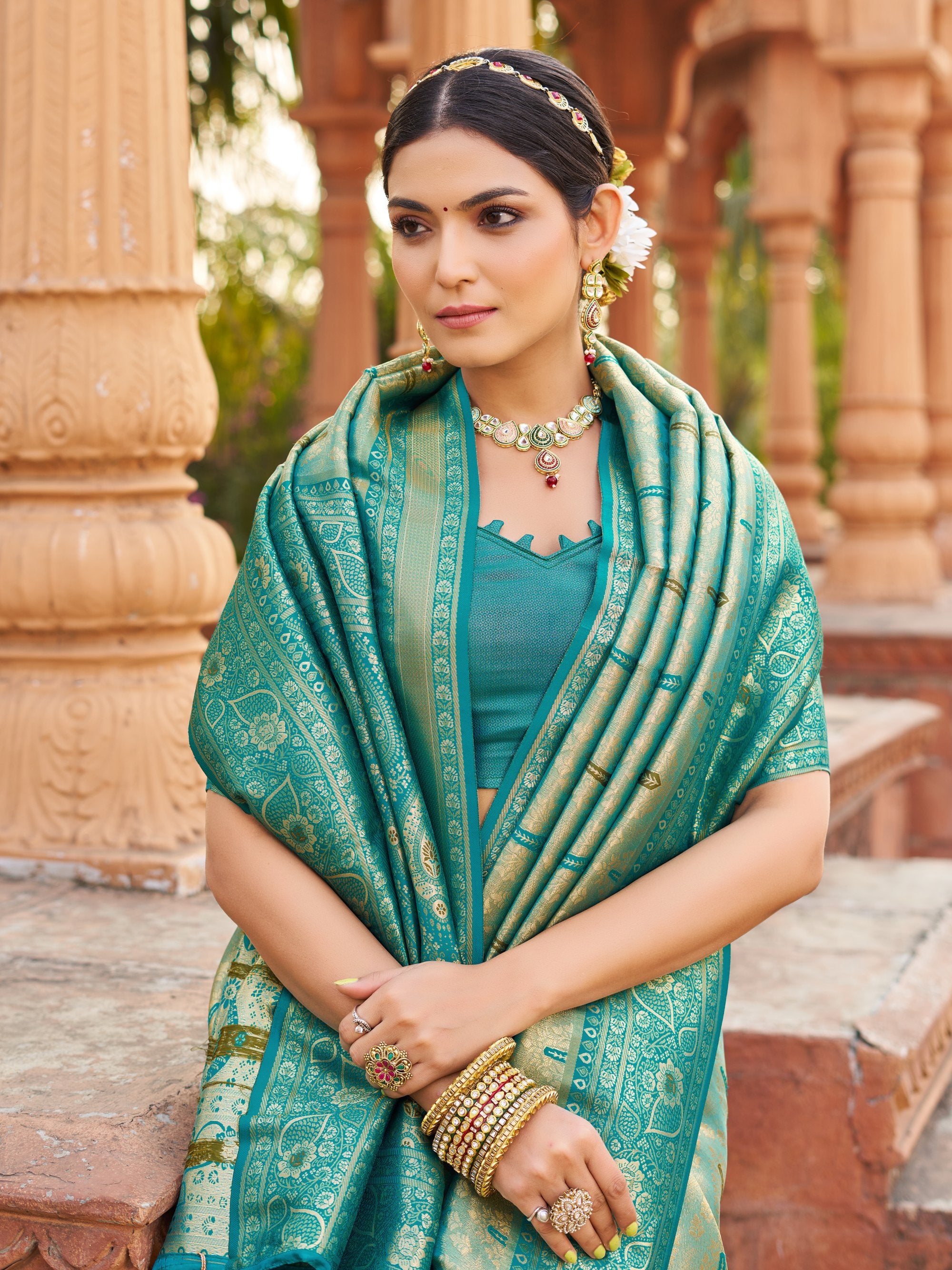 Mangalam Saree - Seafoam Teal - Border Detail