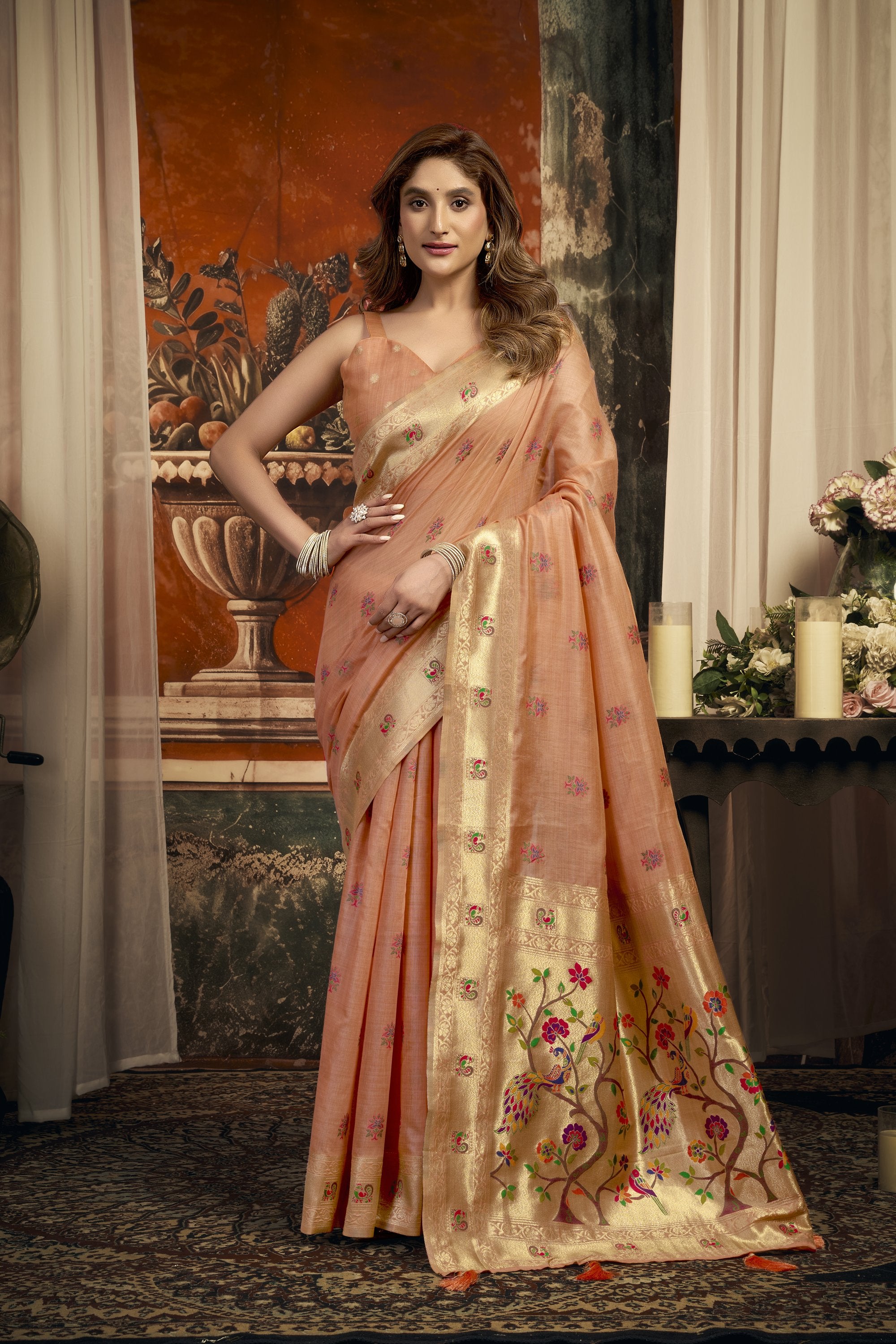 Meheraan Saree - Coral Peach - Full View
