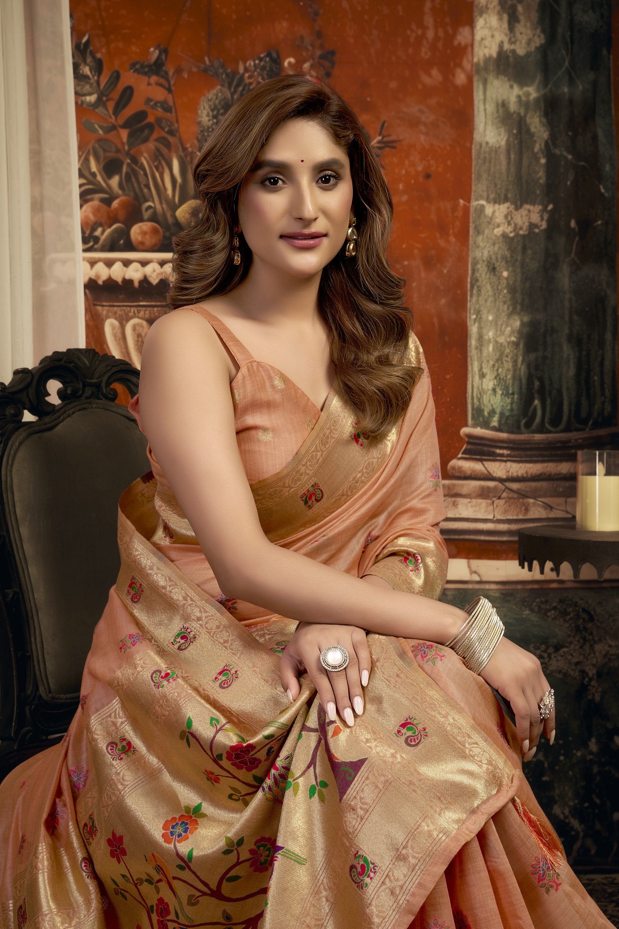 Meheraan Saree - Coral Peach - Side View