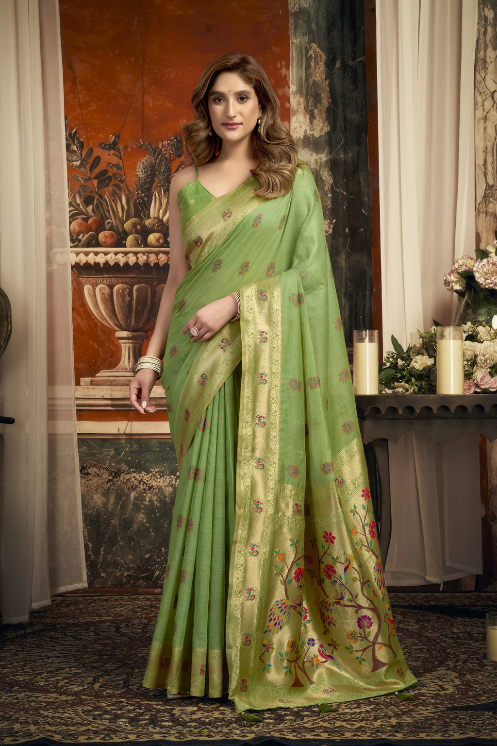 Meheraan Saree - Lime Green - Full View