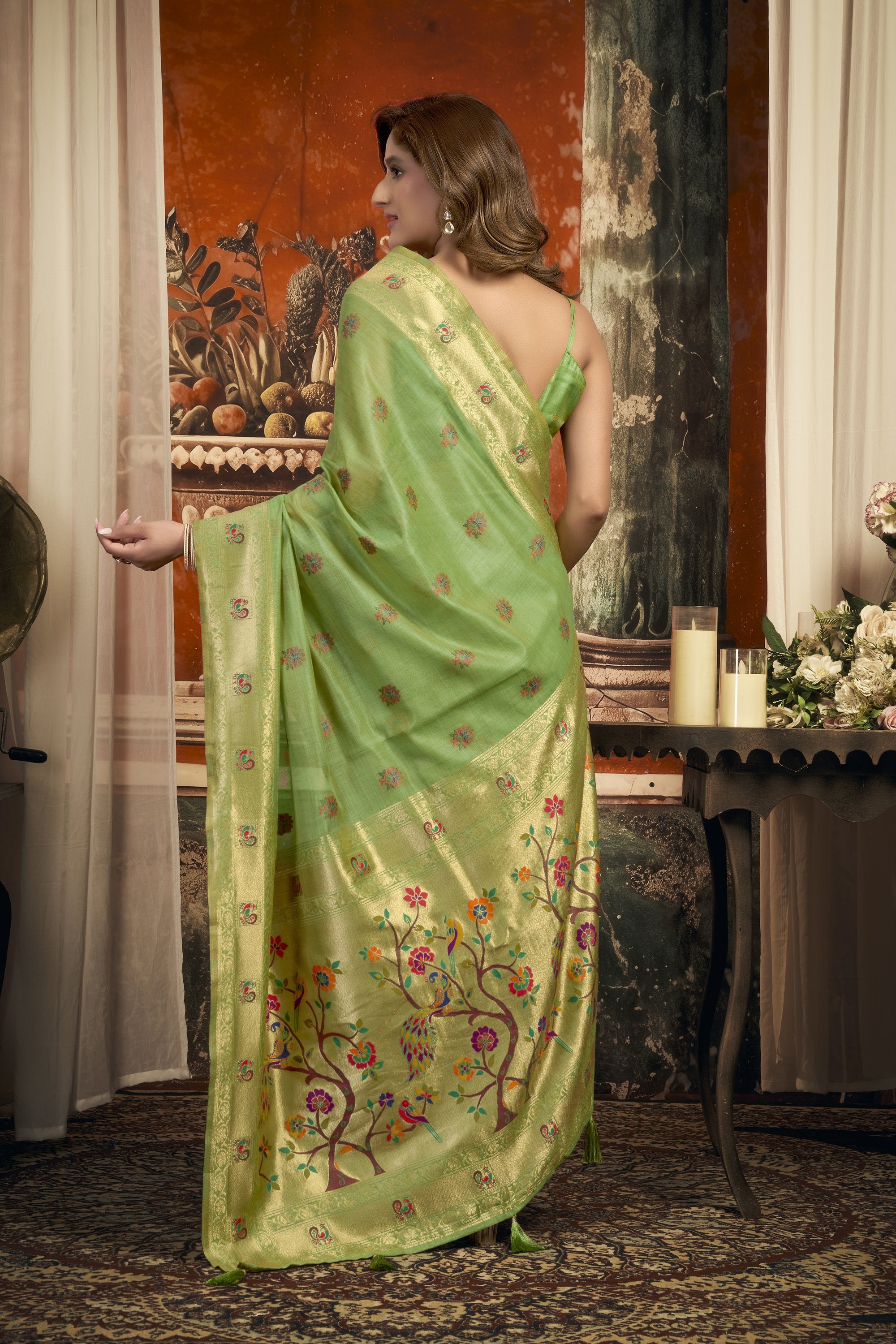 Meheraan Saree - Lime Green - Close Up