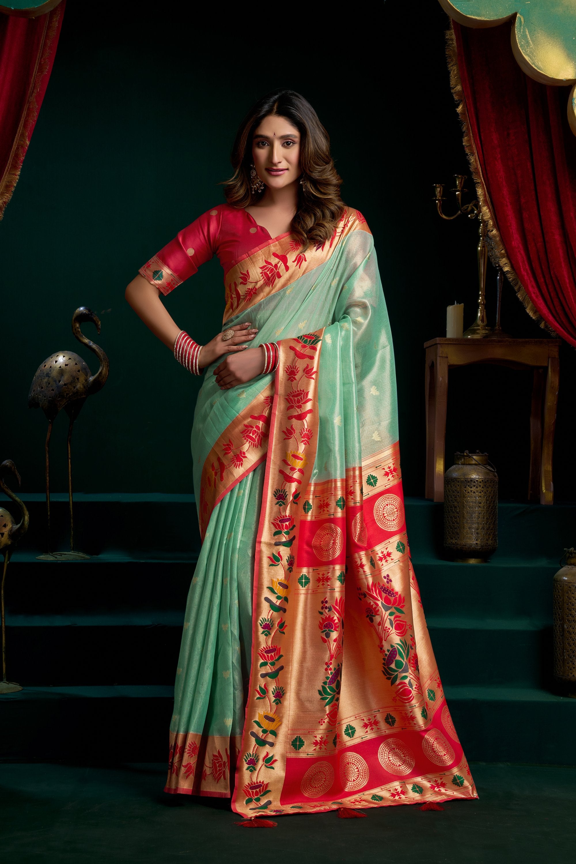 Nazrana Saree - Mint Green - Front Drape