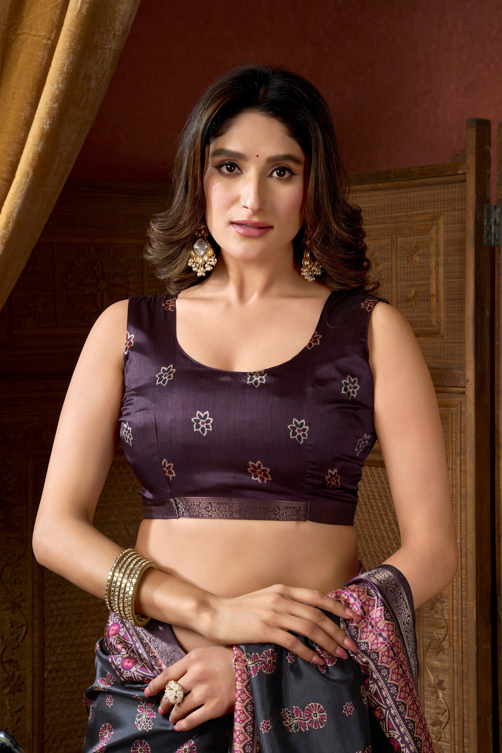 Noorani Saree - Charcoal Rose - Full View