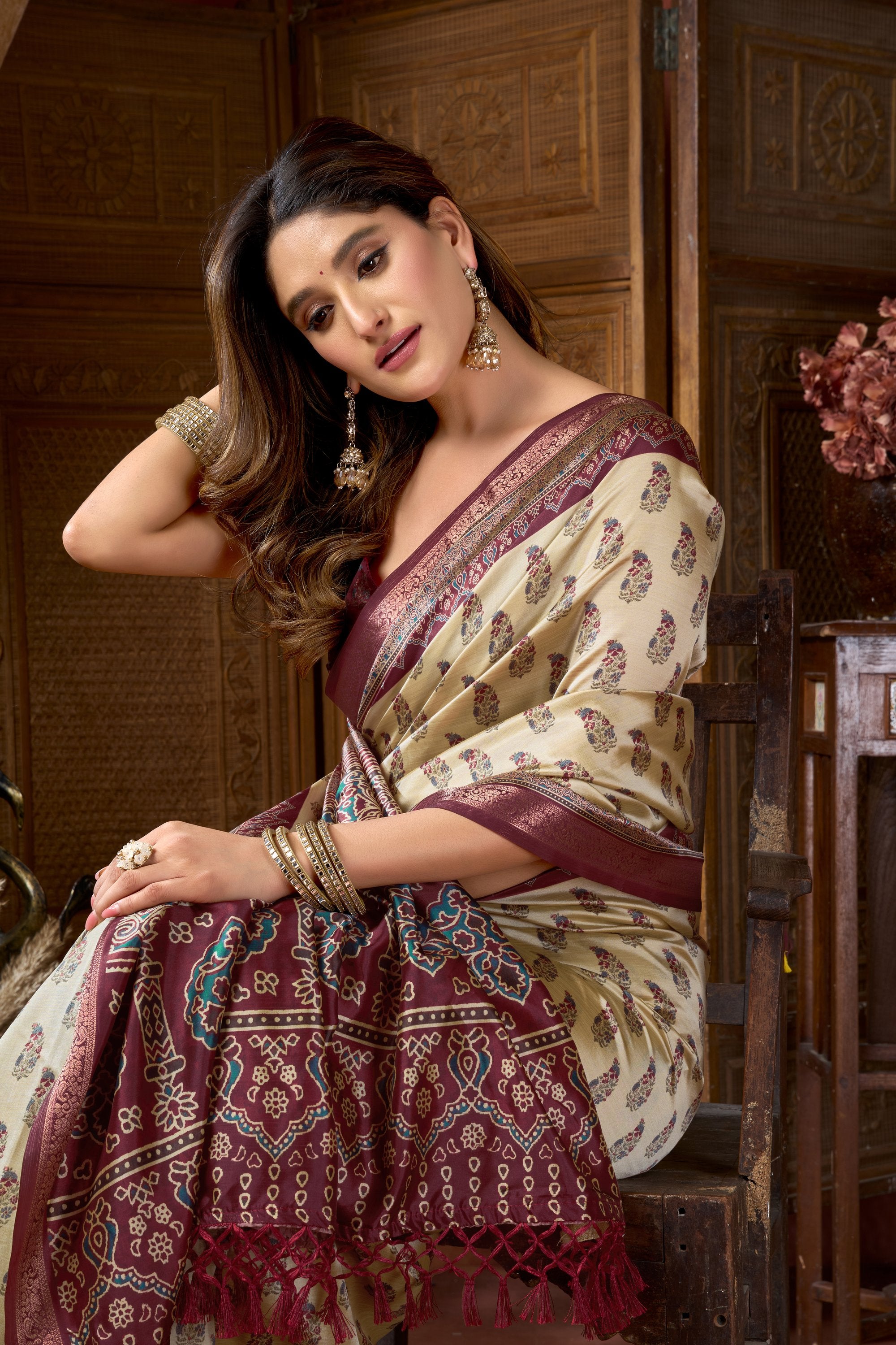 Noorani Saree - Cream Plum - Side View