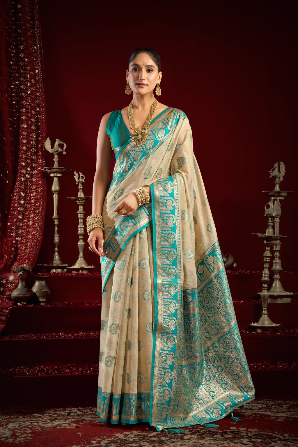 Parinita Saree - Champagne Cream - Front Drape